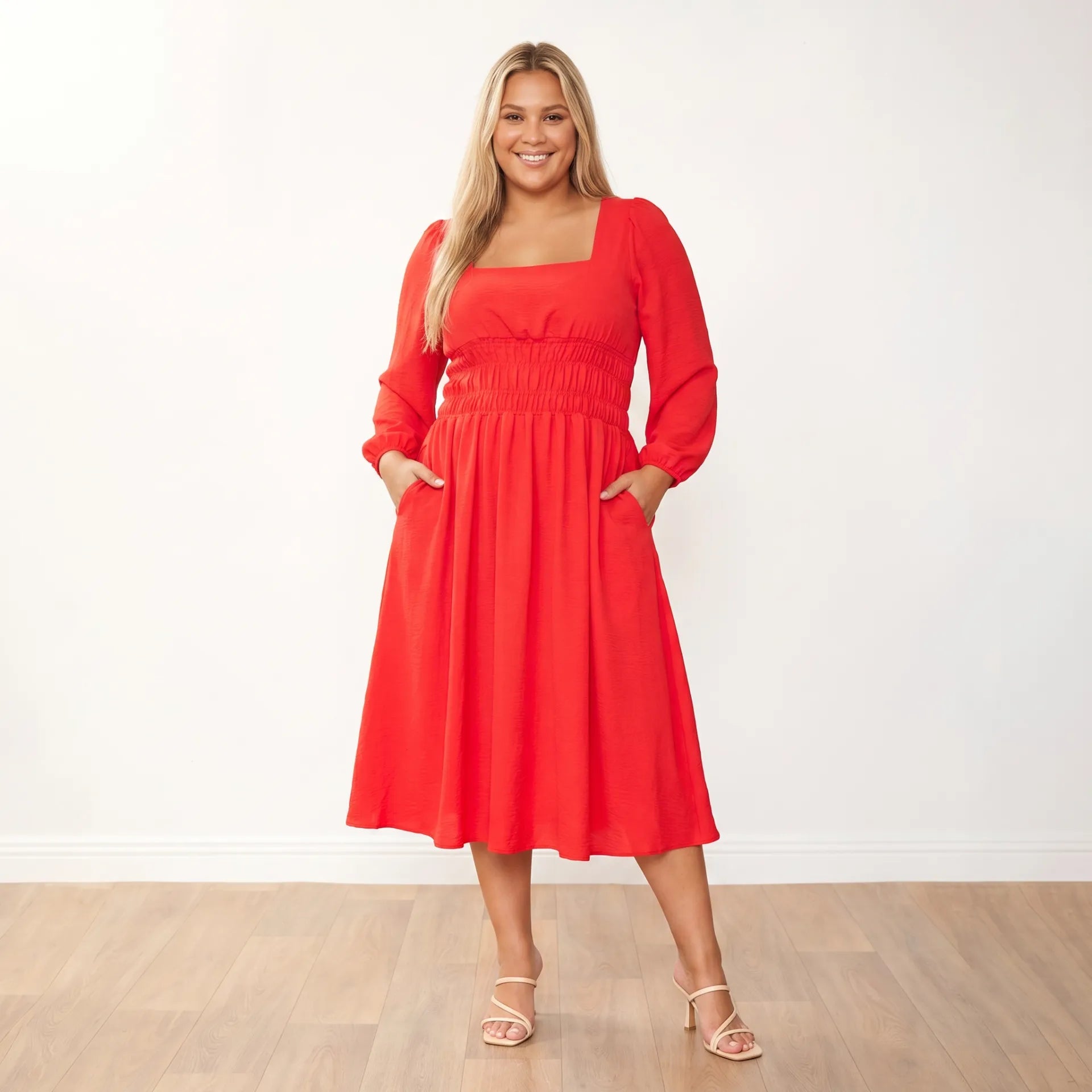 Evelyn Dress Red - Plus Size XXL - Front hands in pockets