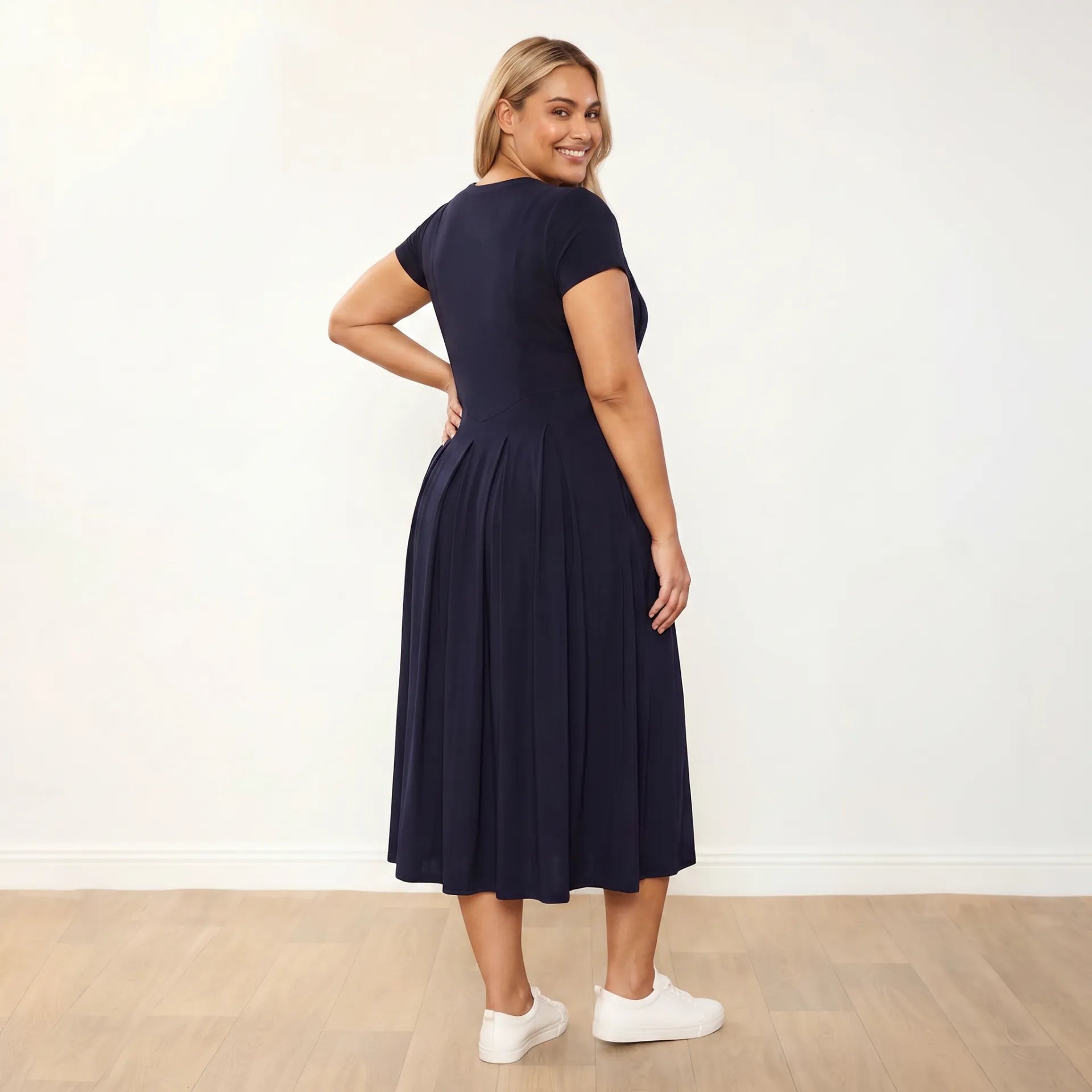 Polly Dress Navy - Plus Size back over shoulder