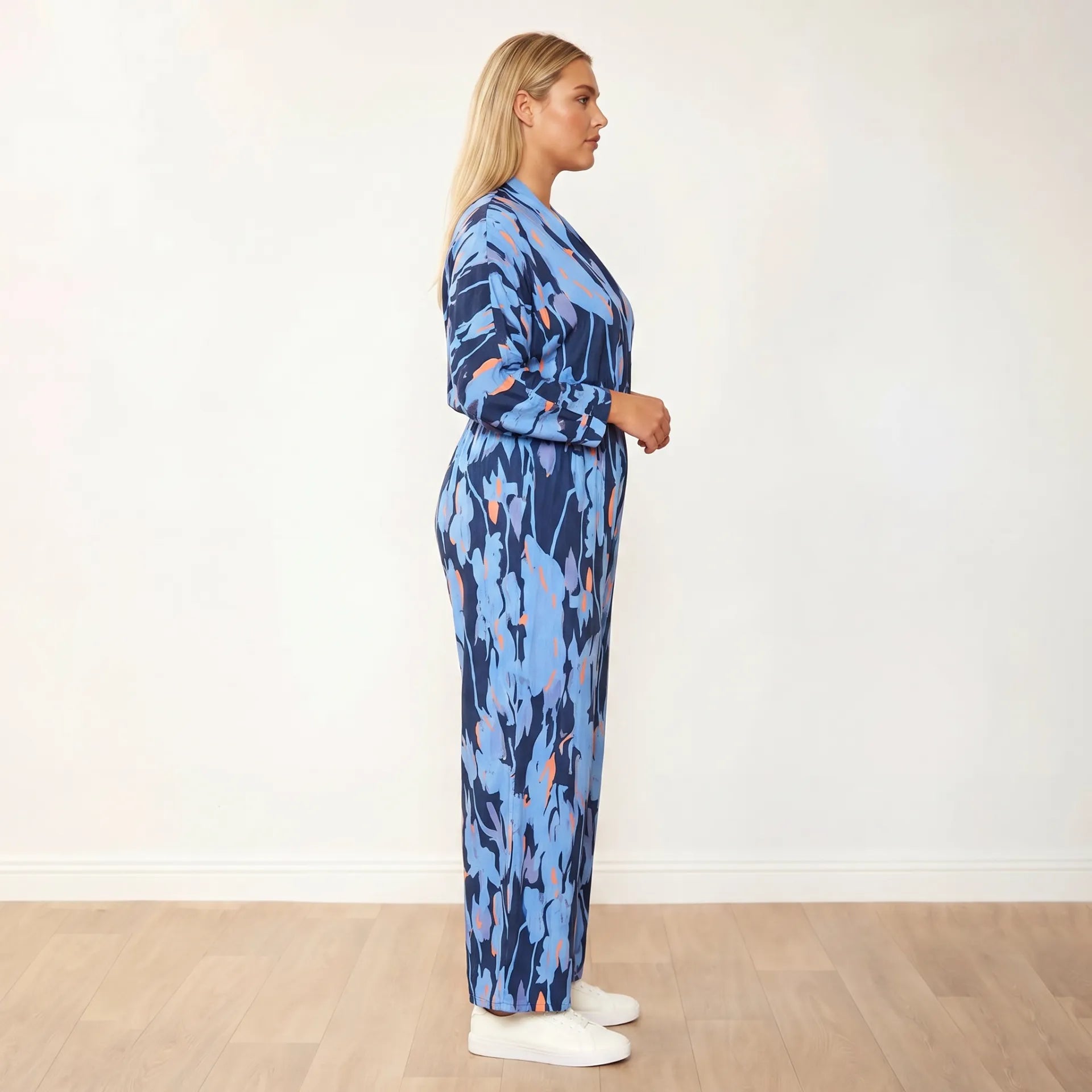 Vogue Jumpsuit in navy and orange abstract print – women's jumpsuit – view 14