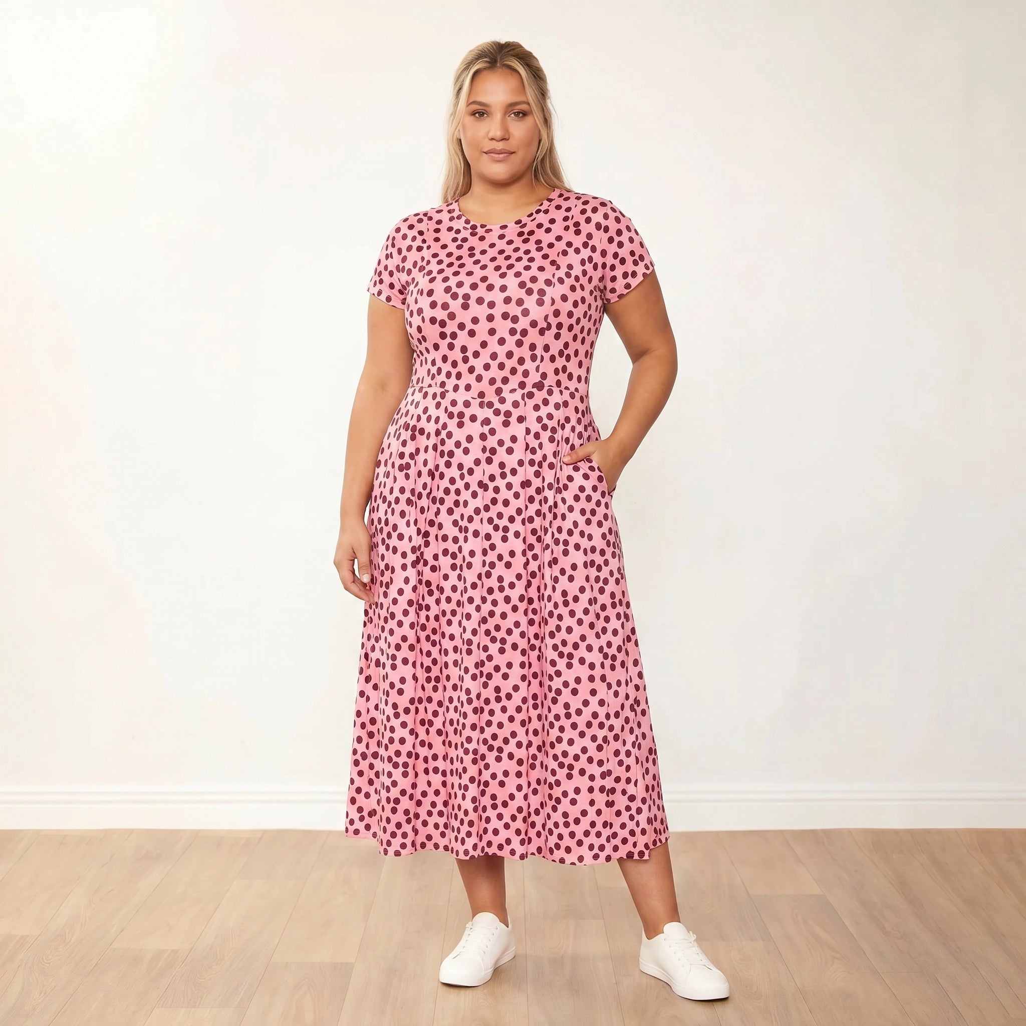 Polly Dress (Polka Dot) - Plus Size XXL - Front, slight body turn, one hand in pocket