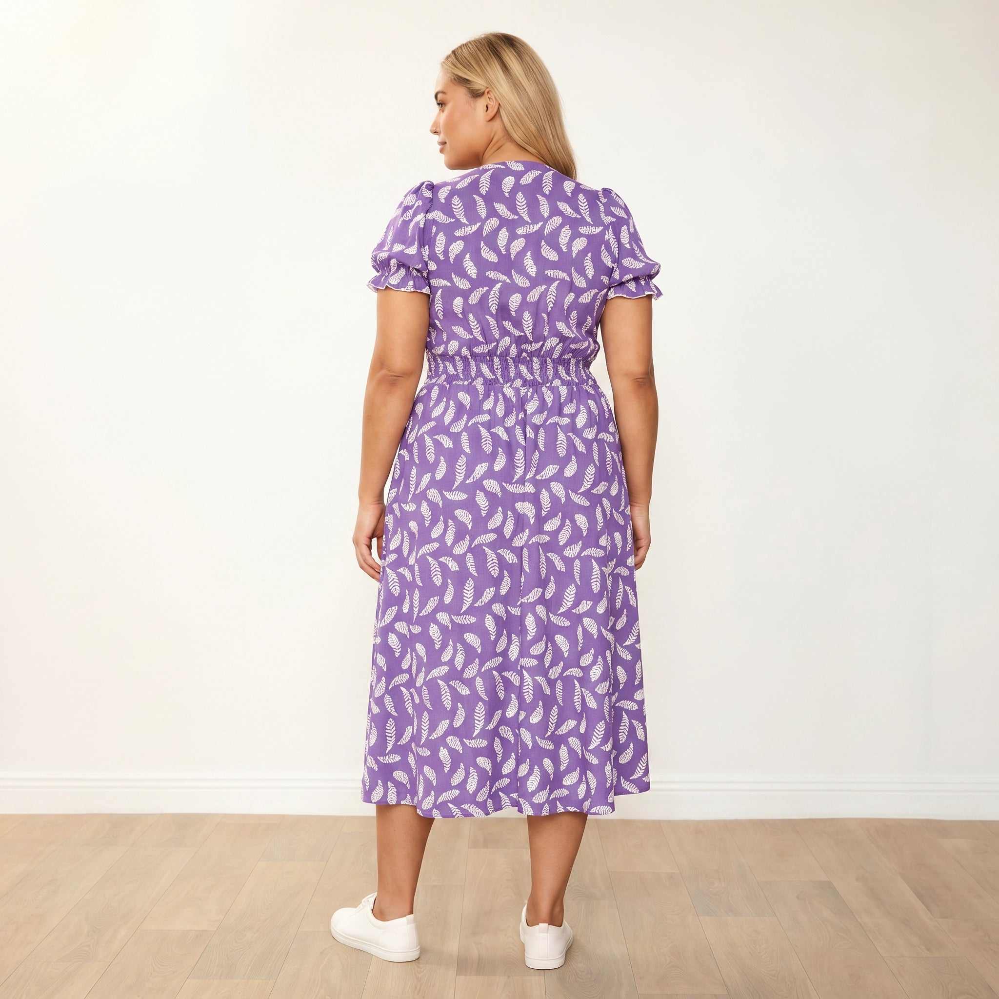 Belle Dress Violet Feather - Plus Size Model XXL, full back view