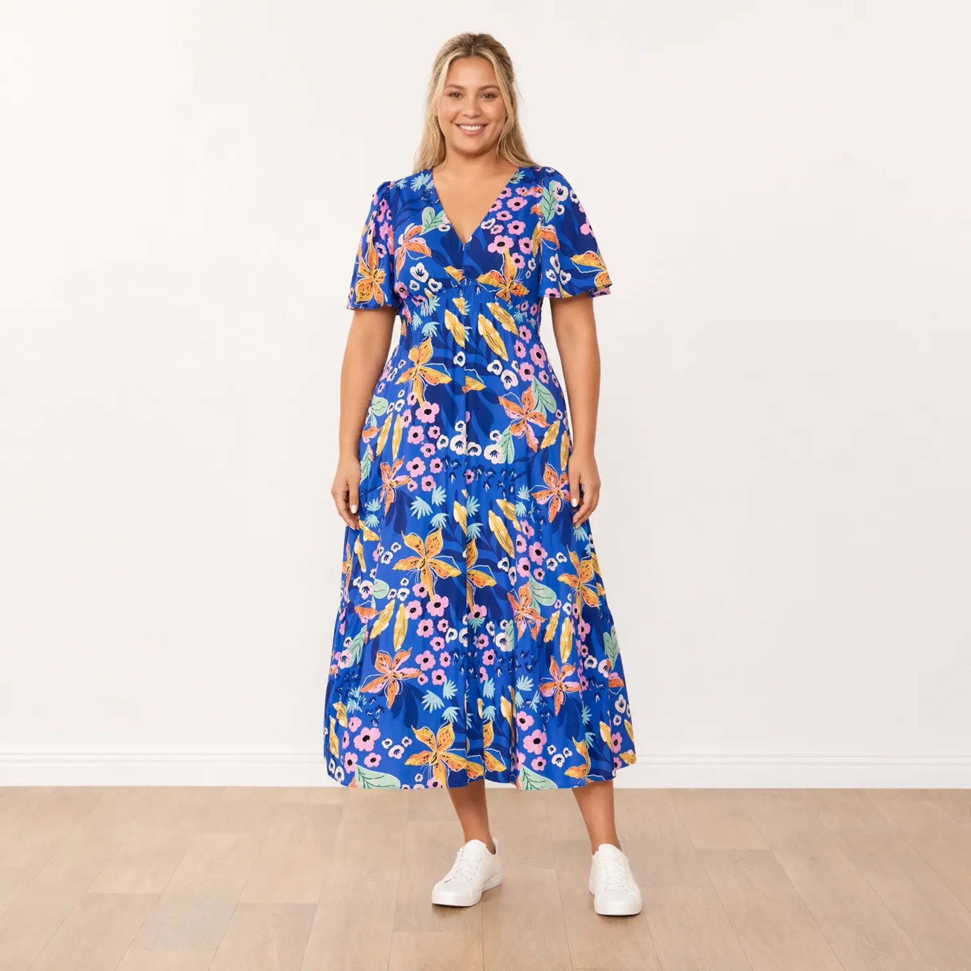 Whitney Dress Navy Floral - plus size front arms relaxed