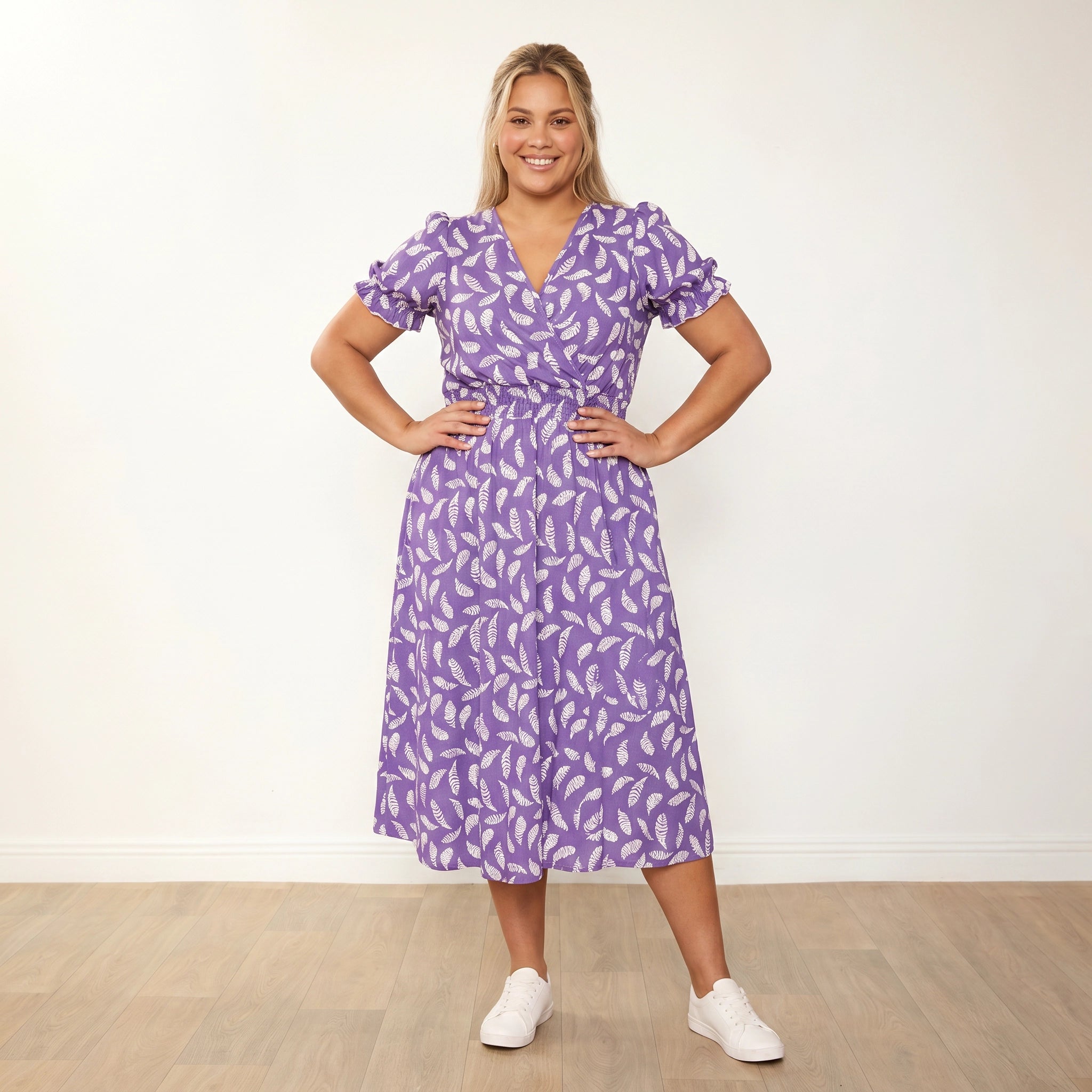 Belle Dress Violet Feather - Plus Size Model XXL, hands on hips hero shot