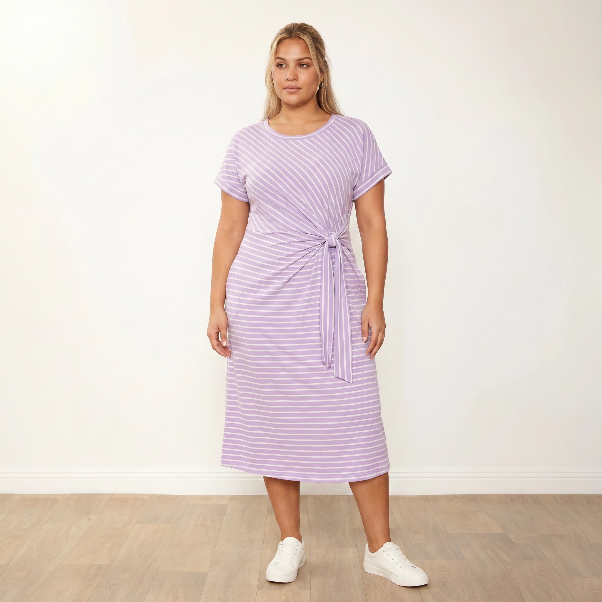 Muriel Dress (Lilac Stripe) - Plus Size XXL - Front, arms relaxed, gaze to side