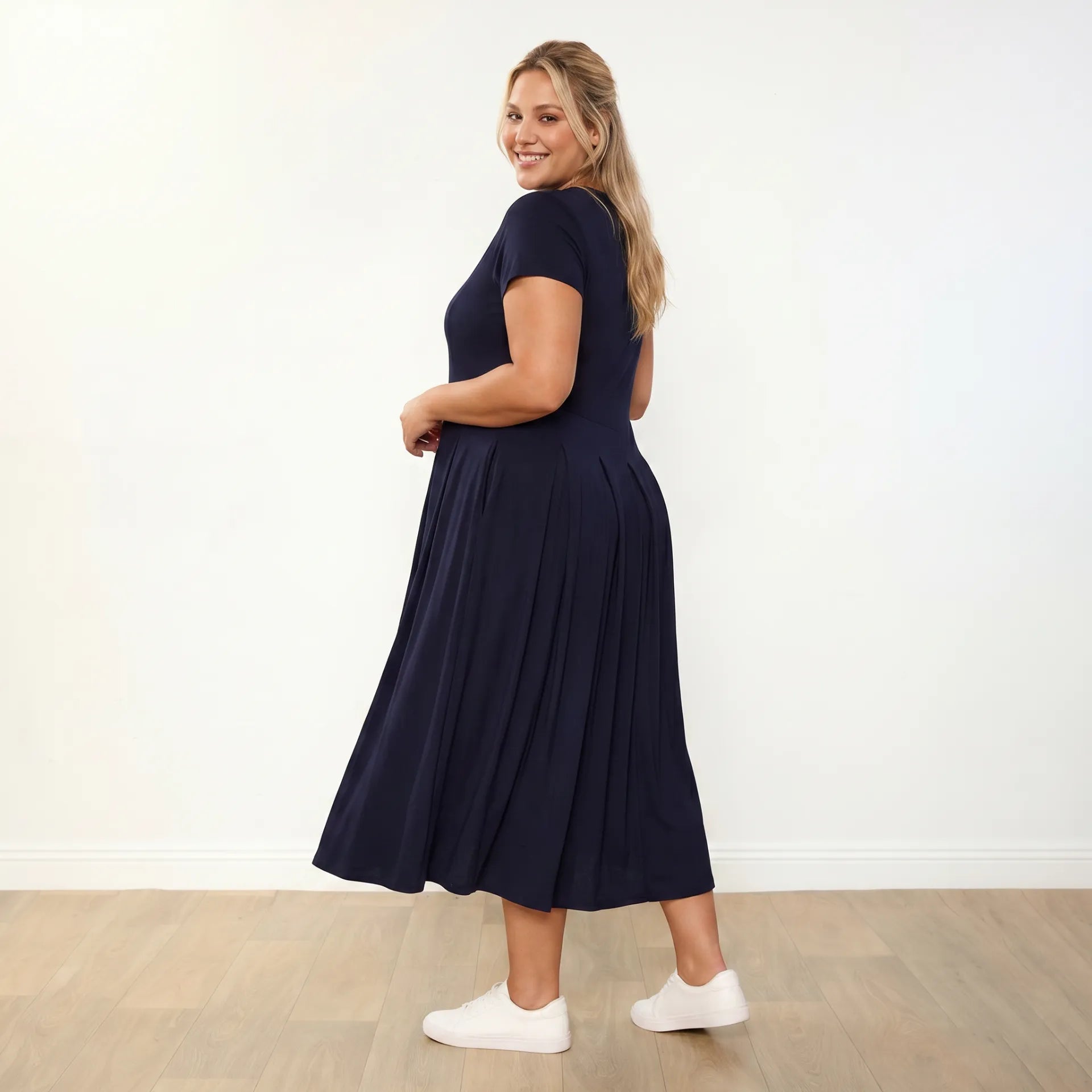 Polly Dress Navy - Plus Size three-quarter left over shoulder