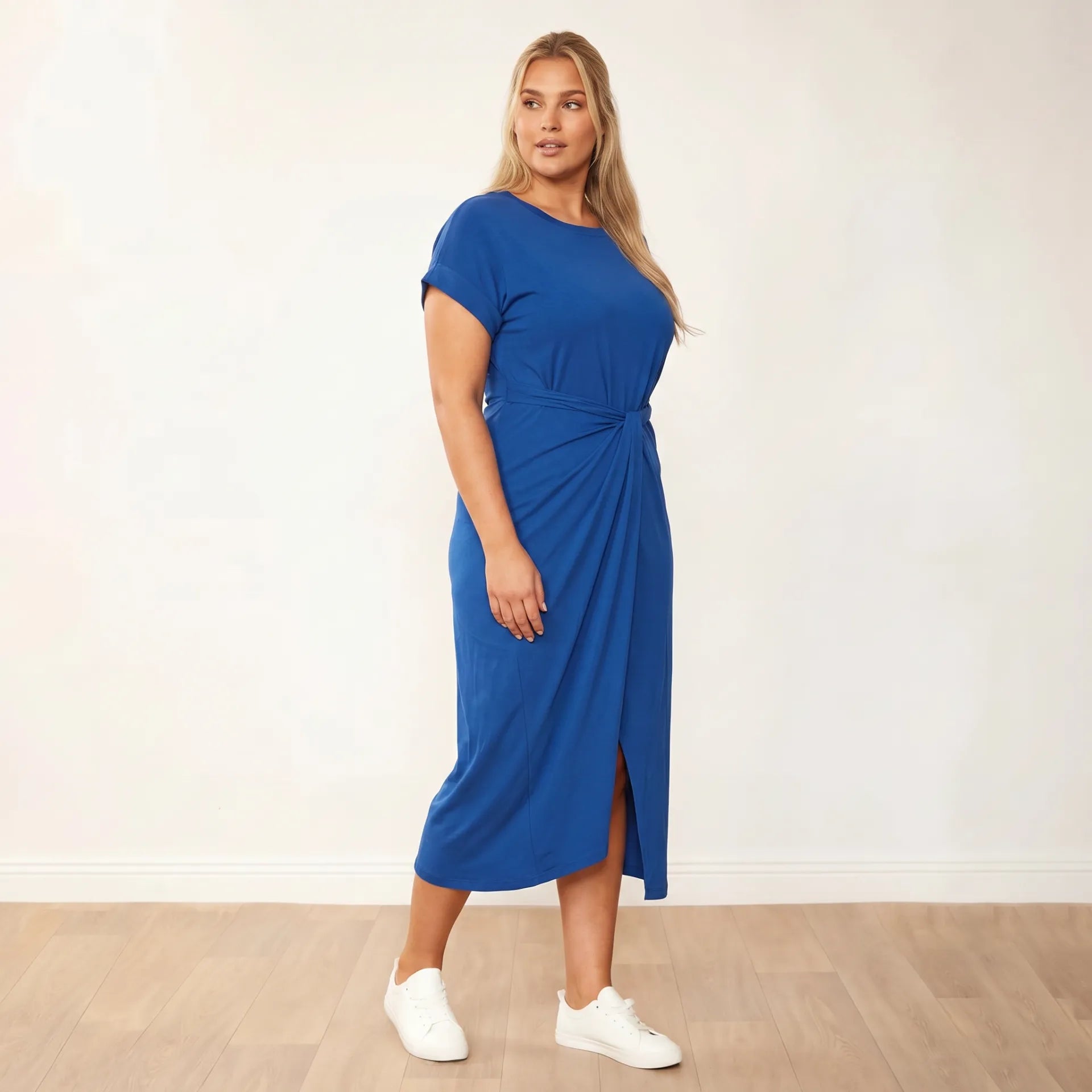 Lenny Dress Cobalt - Plus Size Model 3/4 Angle