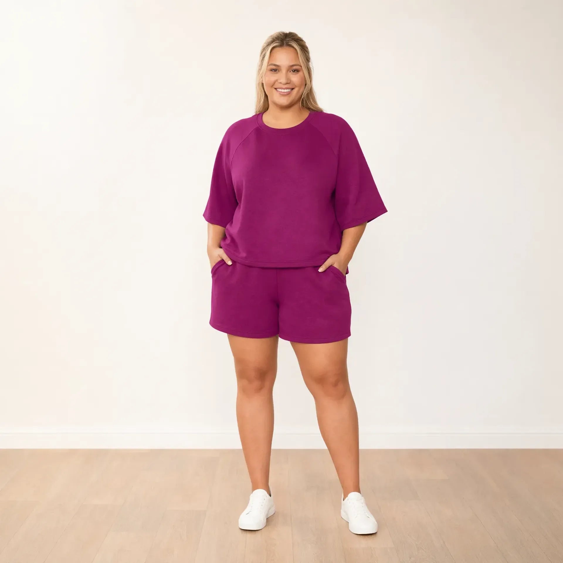 Suki Set Berry - front relaxed smile, plus size model
