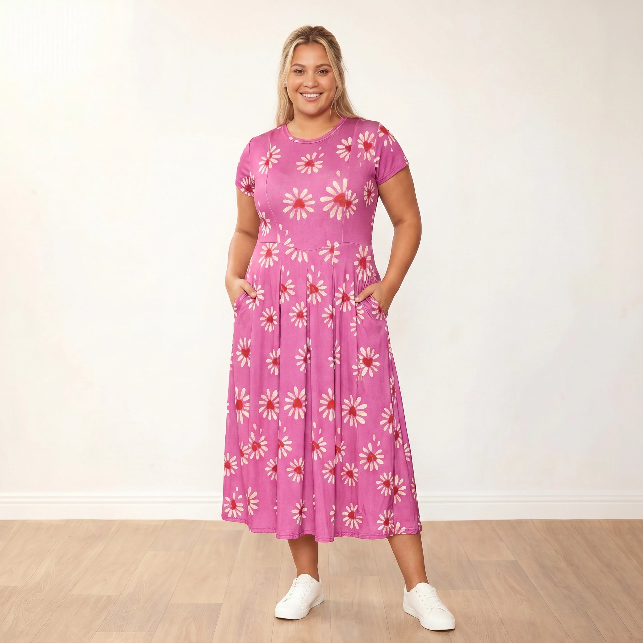 Polly Dress (Berry Daisy) - Plus Size XXL - Front hands in pockets candid smile