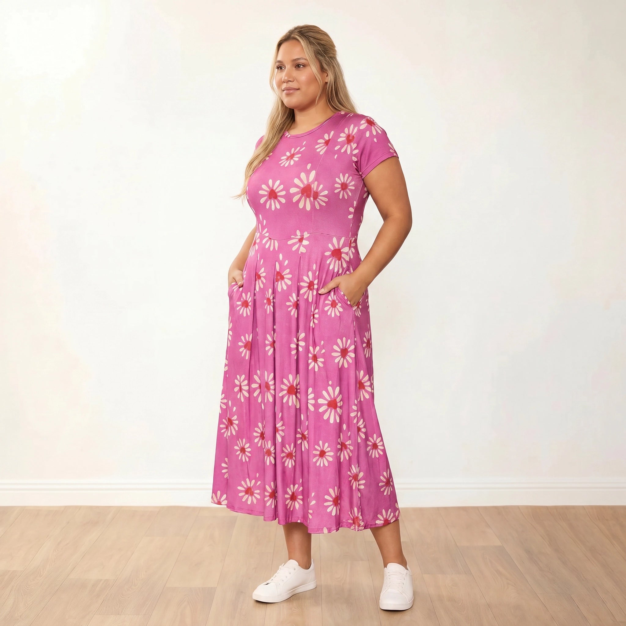 Polly Dress (Berry Daisy) - Plus Size XXL - Front slight body turn hands in pockets