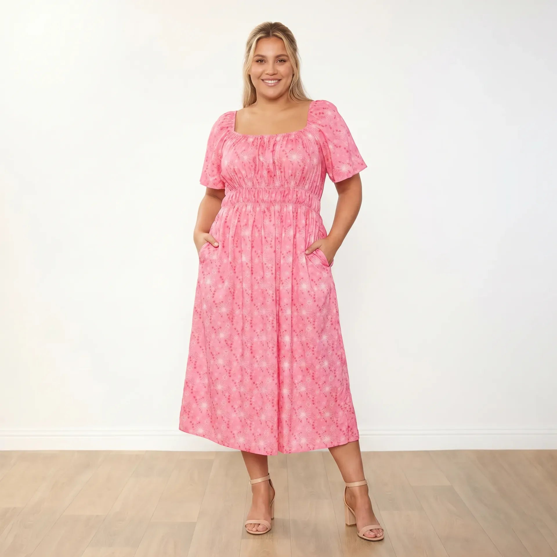 Ciara Dress Pink Star - Plus Size Model XXL - Front smile hip shift
