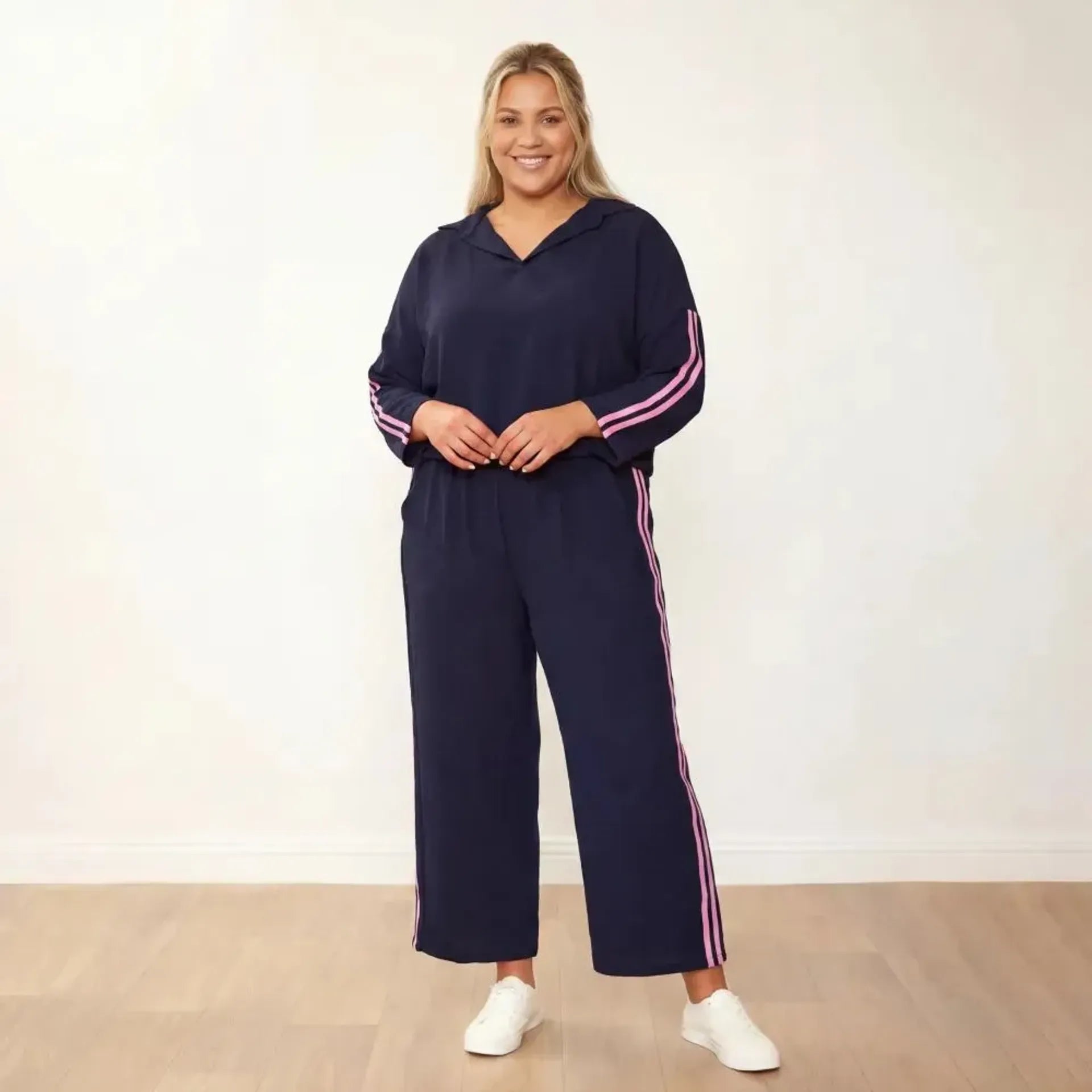 Clara Co-Ord Navy Pink Stripe - Plus Size Model - Front Hands Clasped