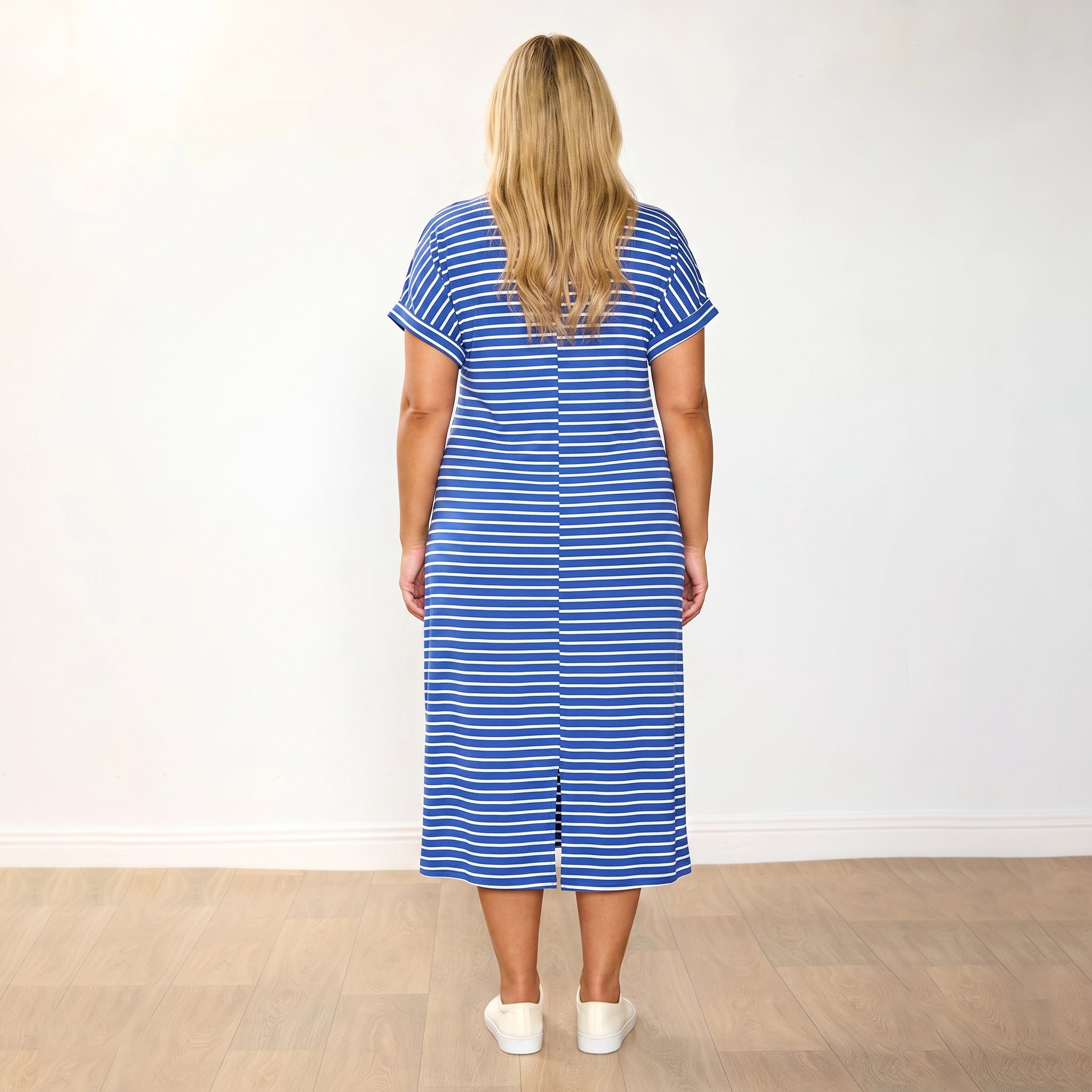 Muriel Dress (Cobalt Stripe) - Eliza plus size model, full back view
