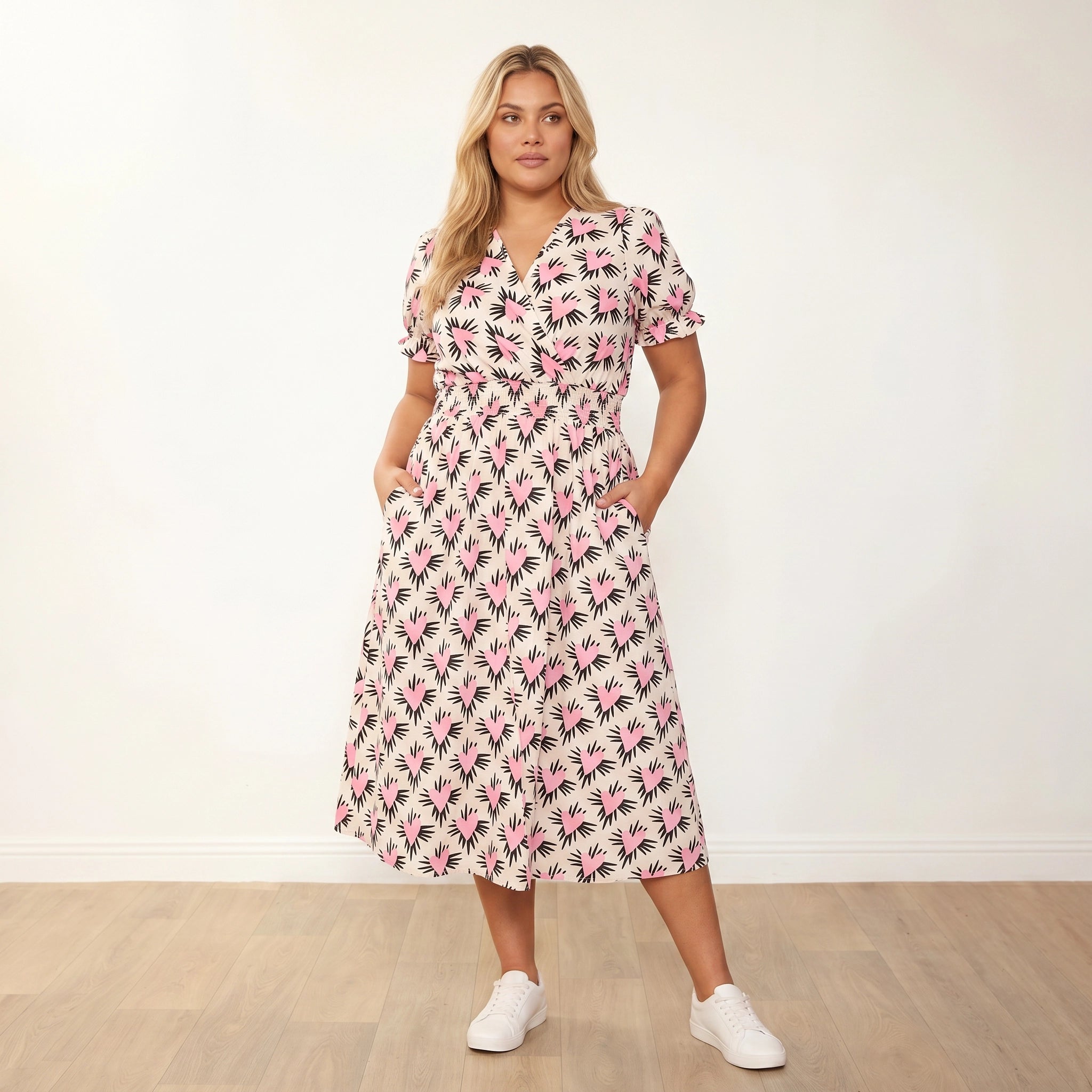 Belle Dress (Pink Heart) - Plus Size Model XXL, hands in pockets soft gaze weight shift