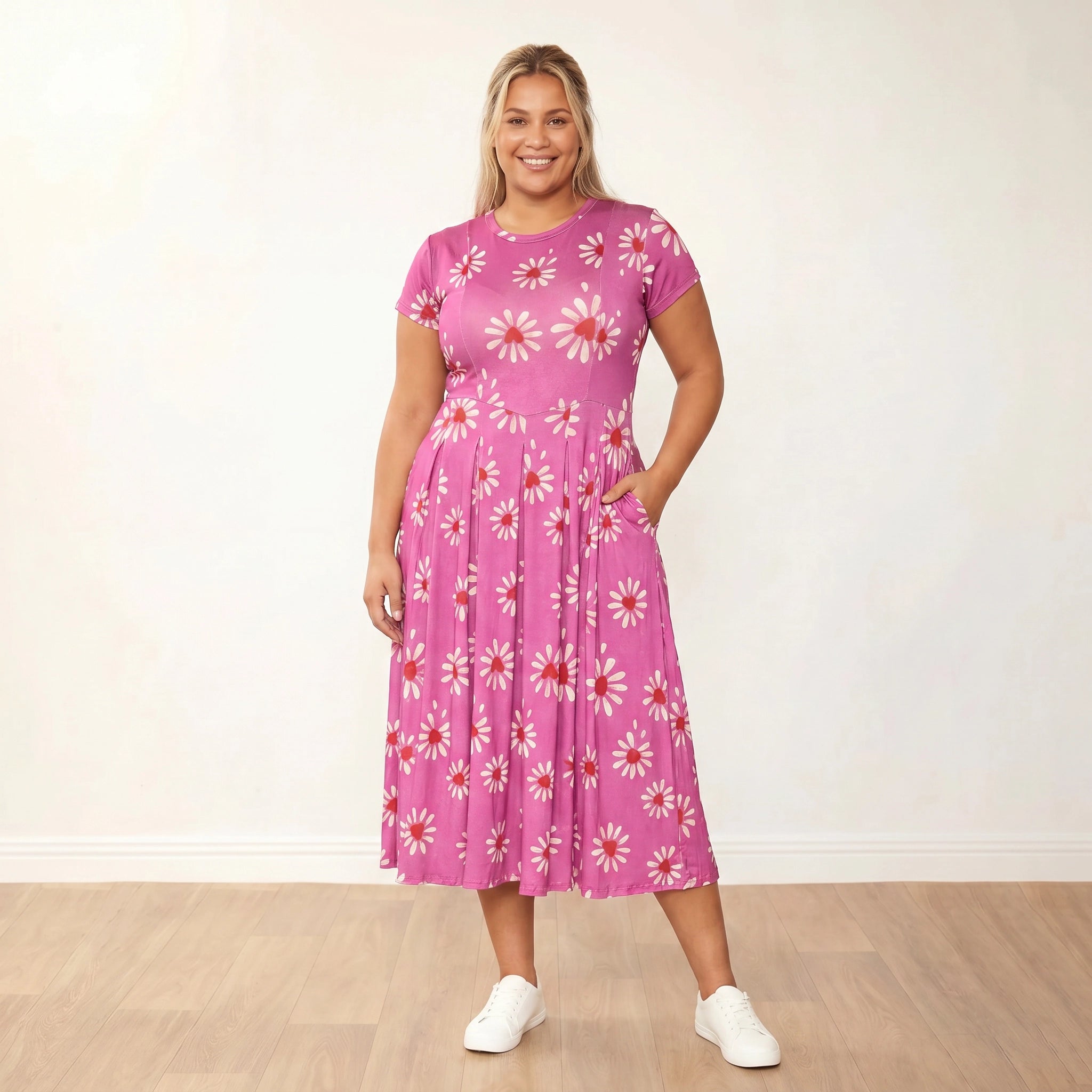 Polly Dress (Berry Daisy) - Plus Size XXL - Front one hand in pocket confident smile