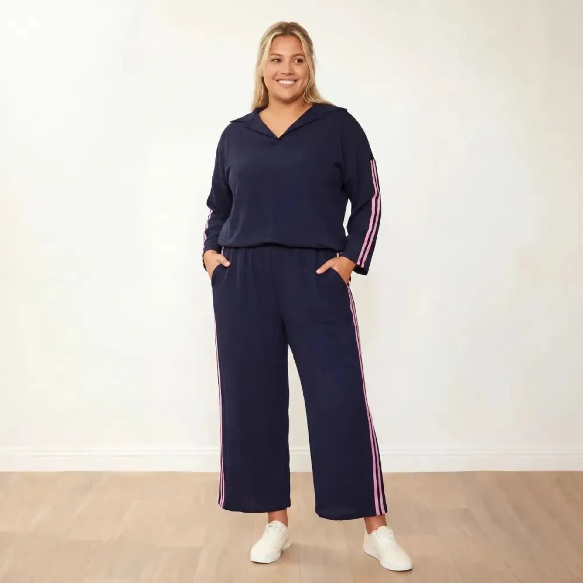 Clara Co-Ord Navy Pink Stripe - Plus Size Model - Front Smile