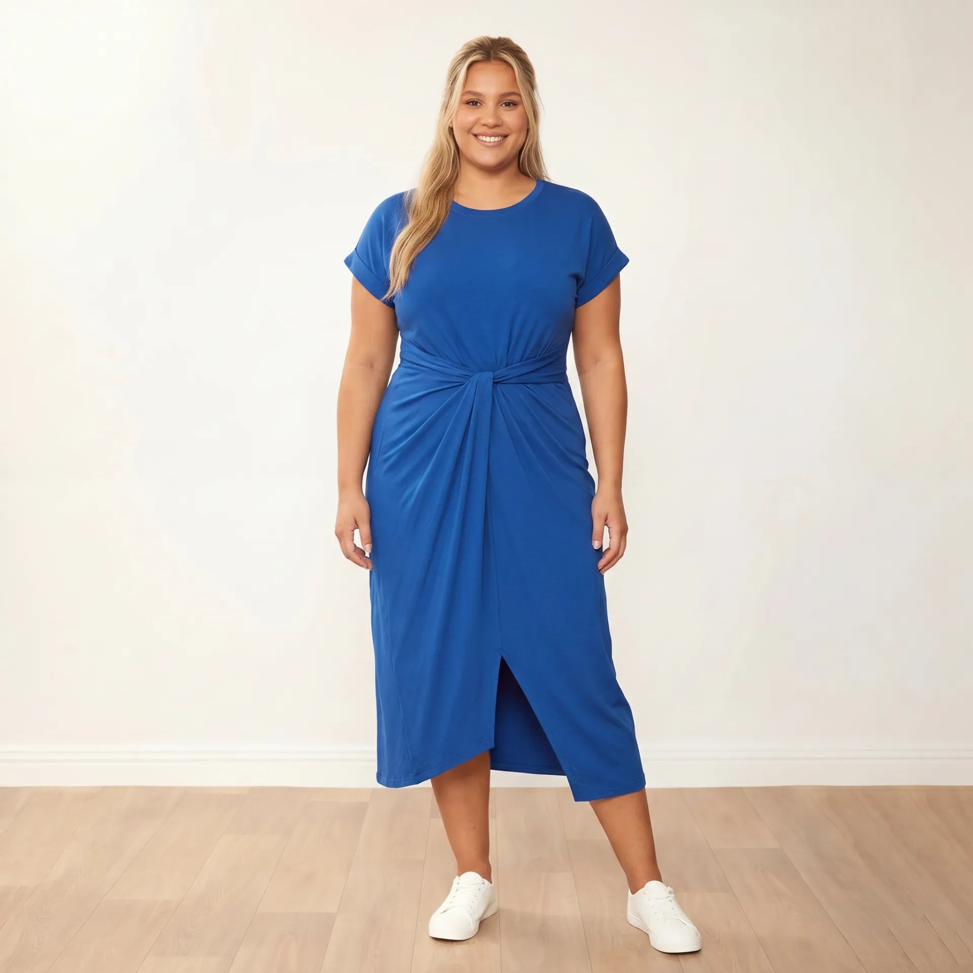 Lenny Dress Cobalt - Plus Size Model Front Smiling