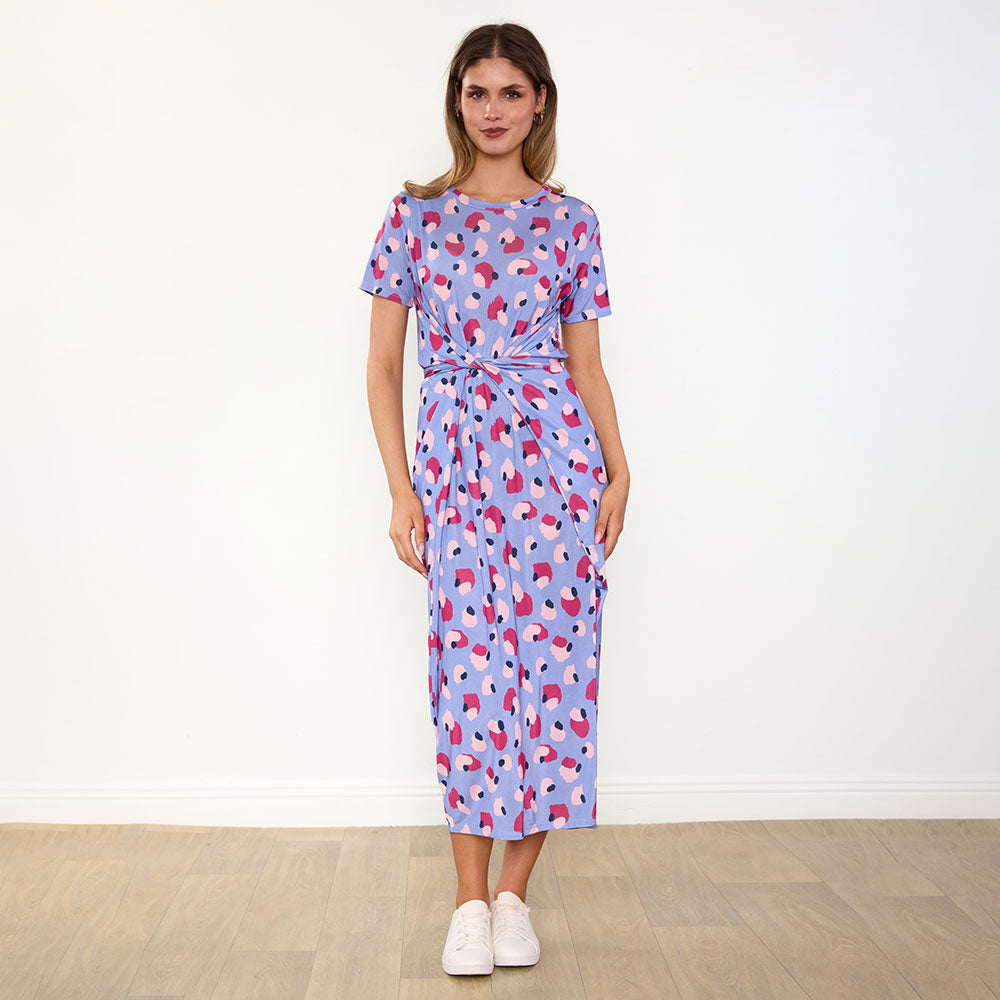 Alana Dress in blue and wine abstract print – women's dress – view 5