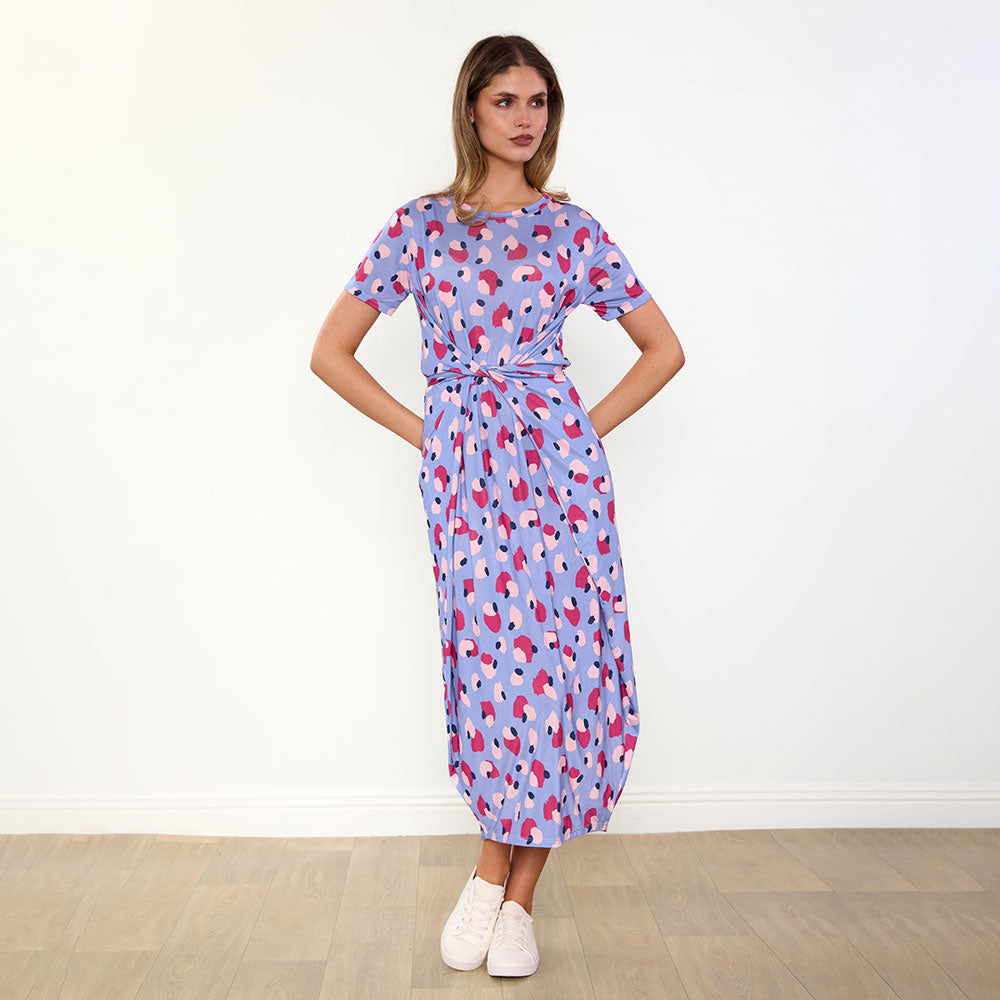 Alana Dress in blue and wine abstract print – women's dress – view 6