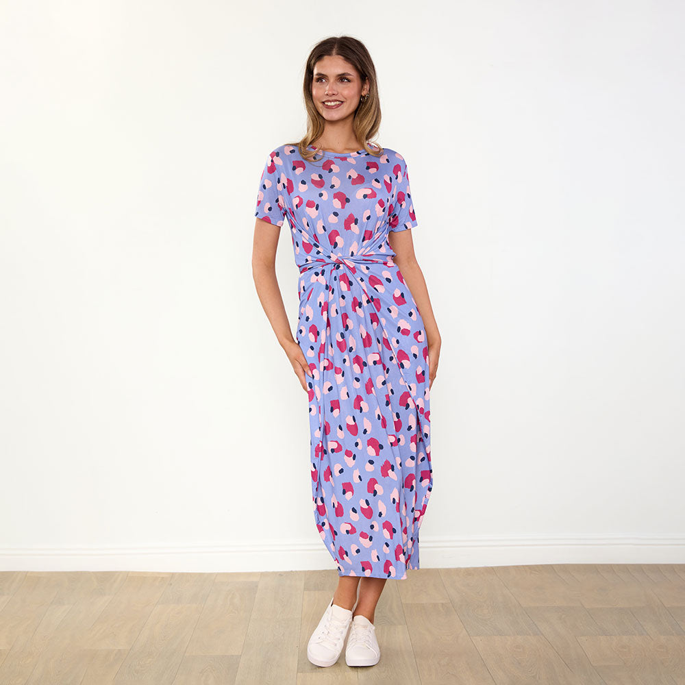 Alana Dress in blue and wine abstract print – women's dress – view 7