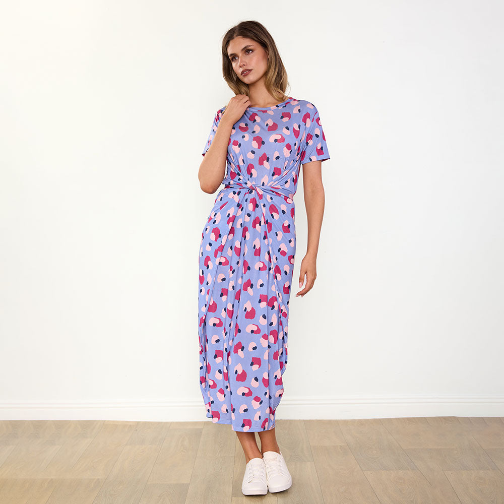 Alana Dress in blue and wine abstract print – women's dress – view 8