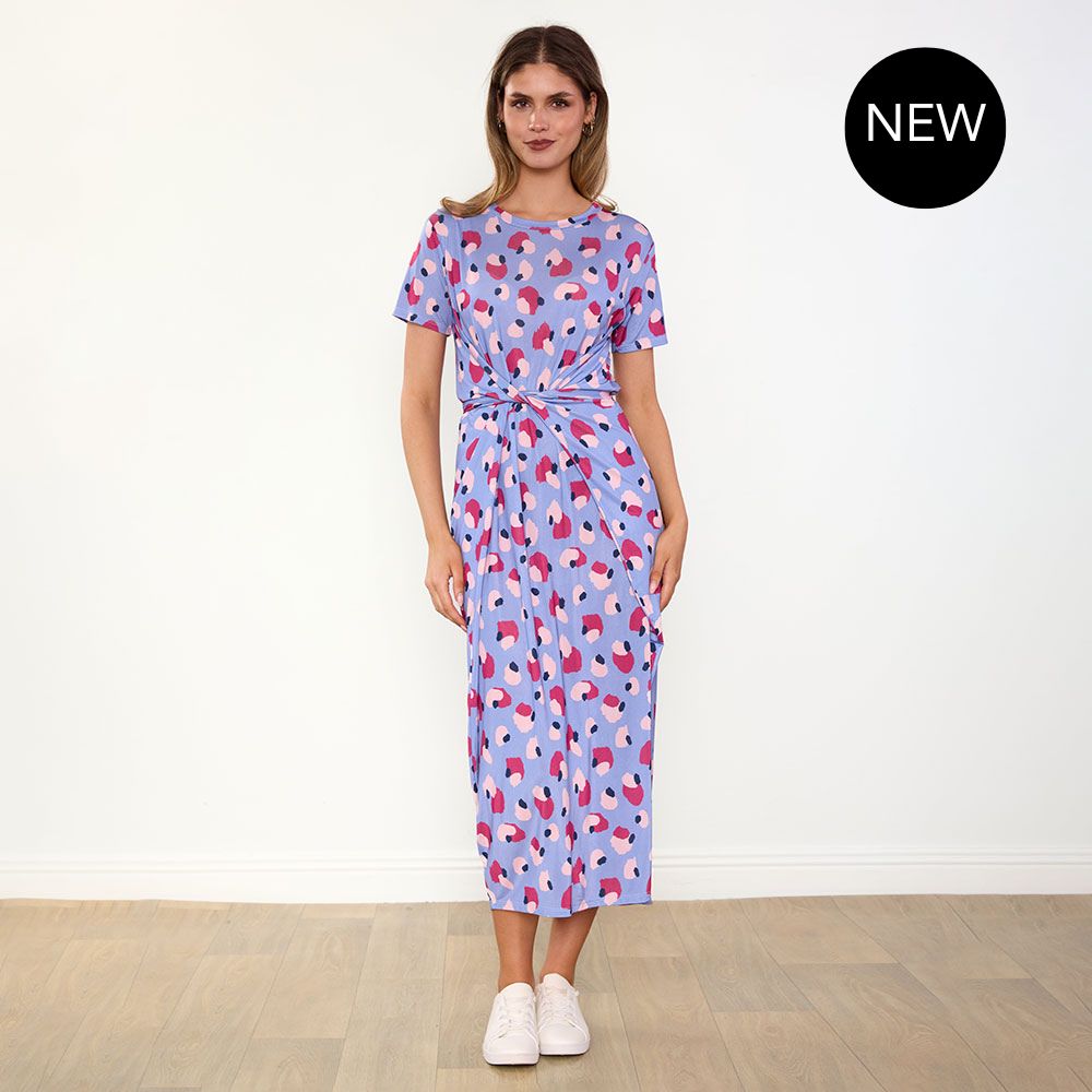 Alana Dress in blue and wine abstract print – women's dress – view 12