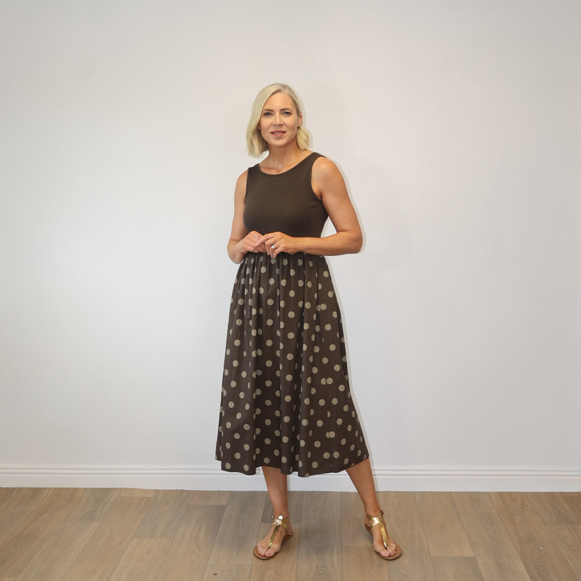 Amara Ribbed Dress (Brown Polka Dot)