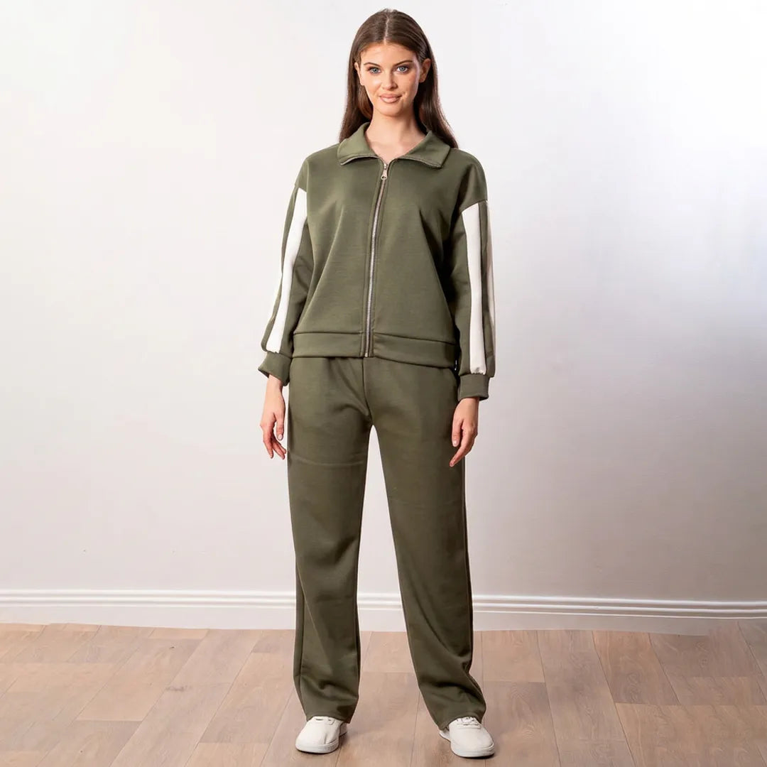 Woman wearing the Aubree Co-ord in khaki green, front view with zip-through funnel-collar jacket and wide-leg trousers
