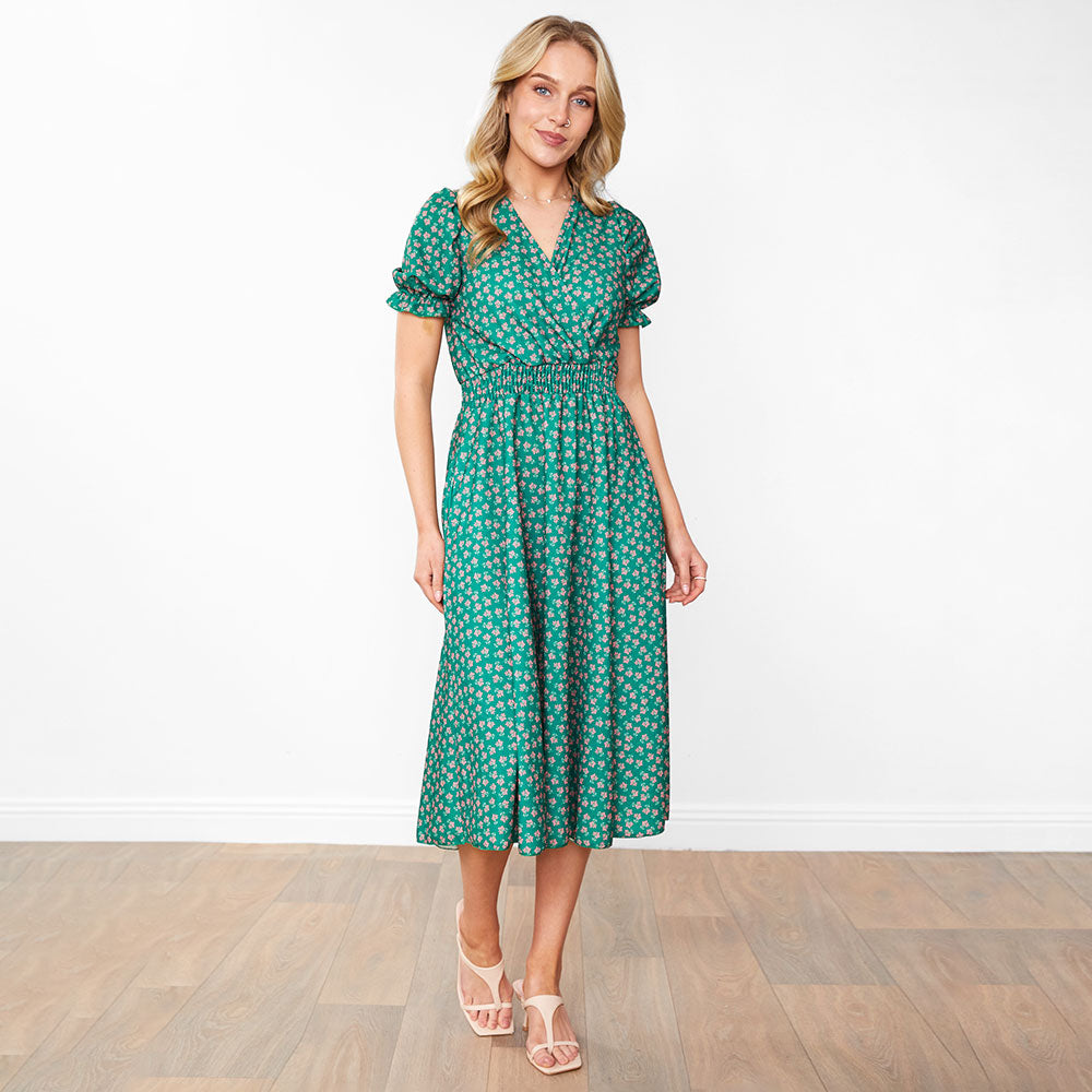 Belle Dress (Green/Pink Blossom)
