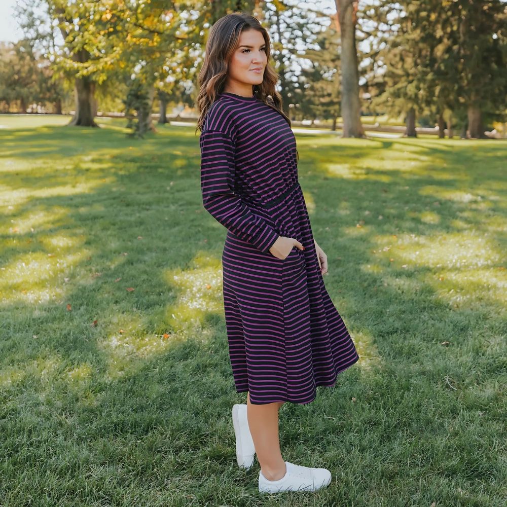 Carmen Dress (Black/Pink Stripe)