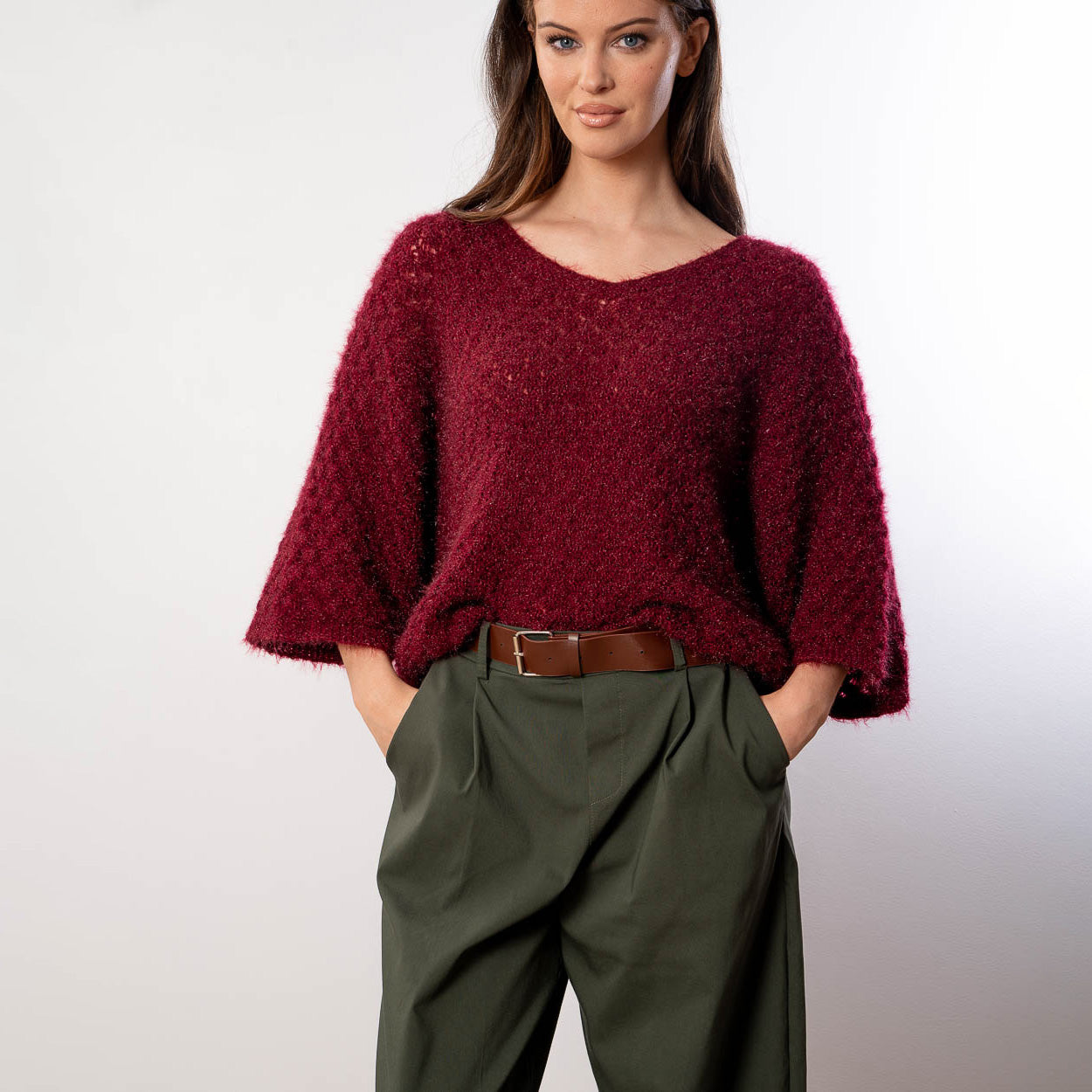 Emily V Neck Batwing Top (Wine)