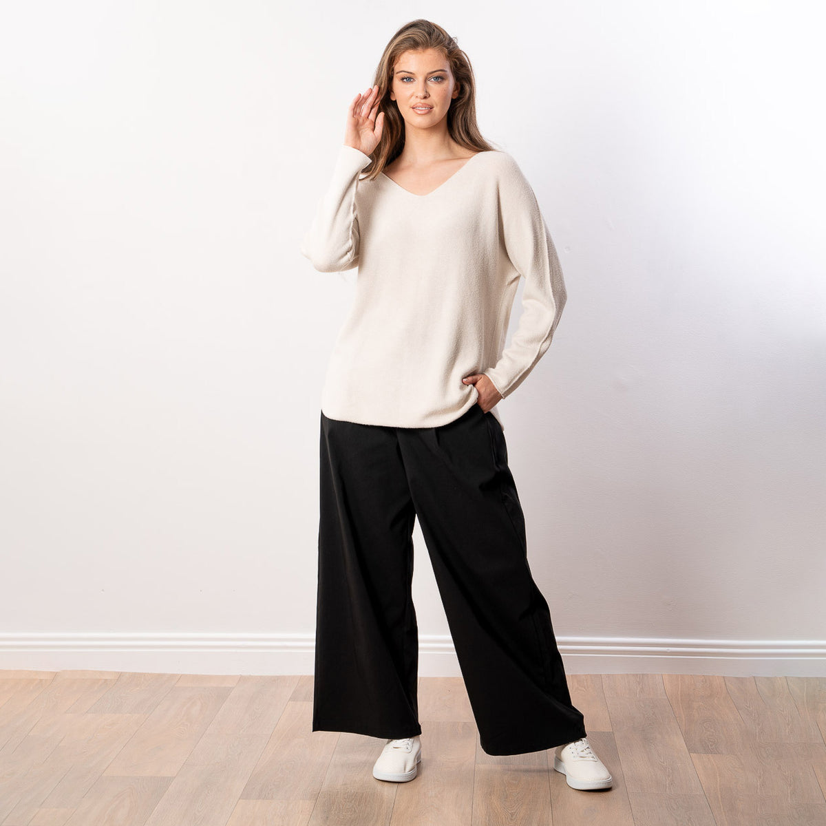 Kylie V Neck Jumper in cream – v neckline, long sleeves, image 5
