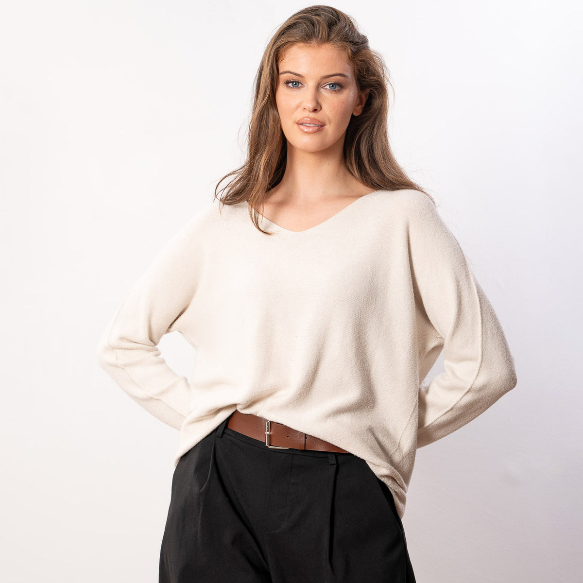 Kylie V Neck Jumper in cream – v neckline, long sleeves, image 4