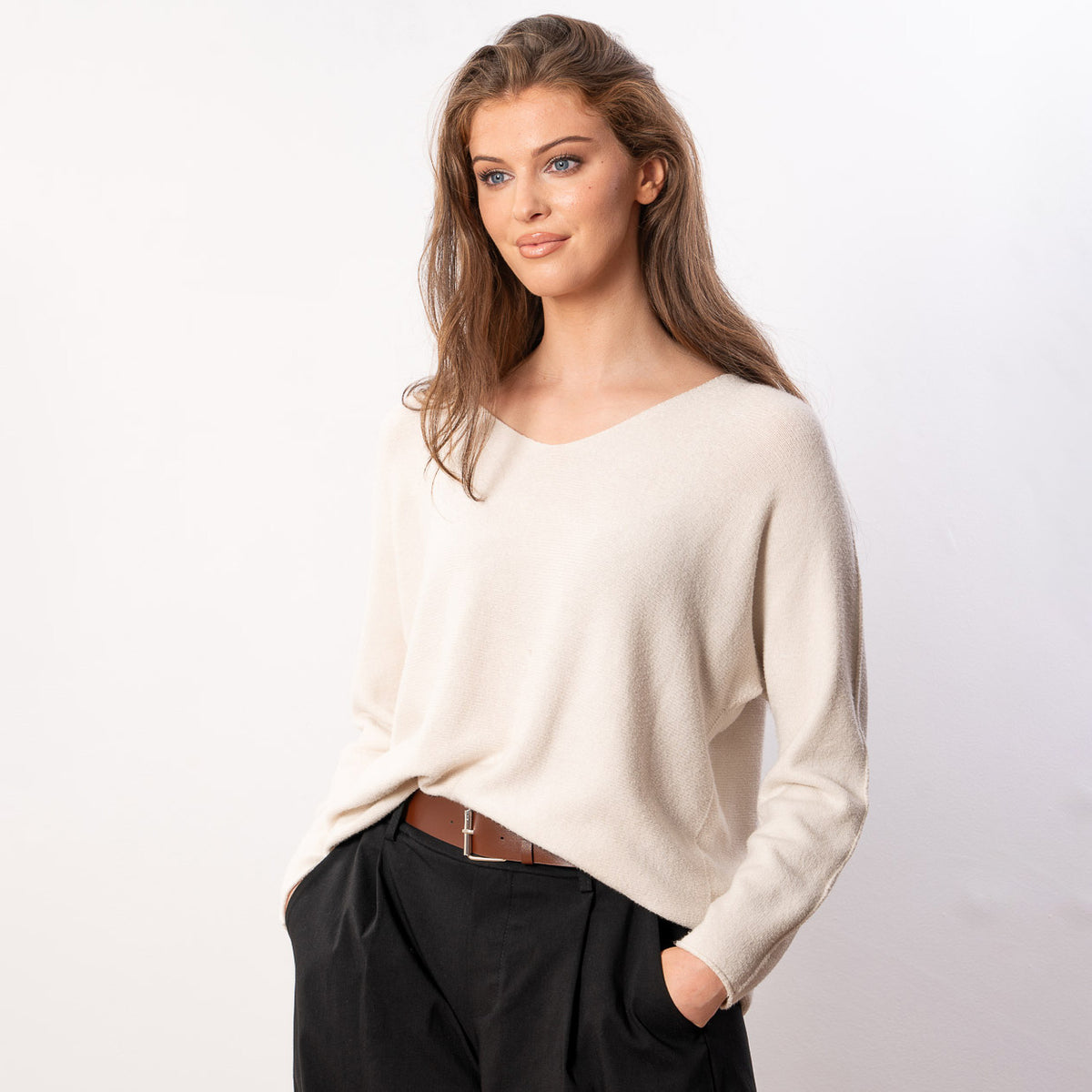 Kylie V Neck Jumper in cream – v neckline, long sleeves, image 14