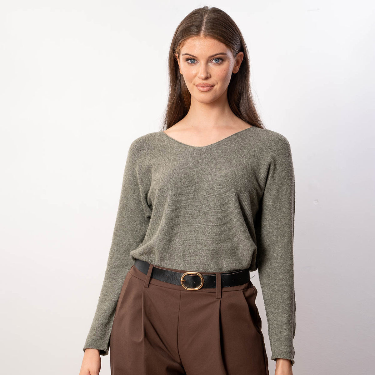 Kylie V Neck Jumper in khaki – v neckline, long sleeves, image 3