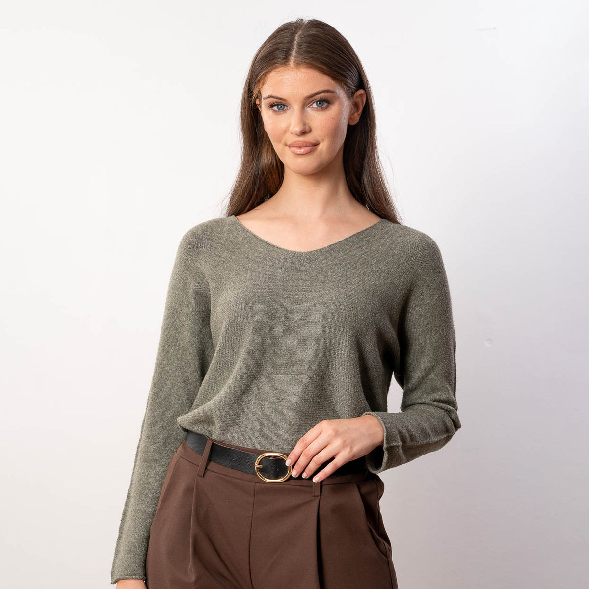Kylie V Neck Jumper in khaki – v neckline, long sleeves, image 7