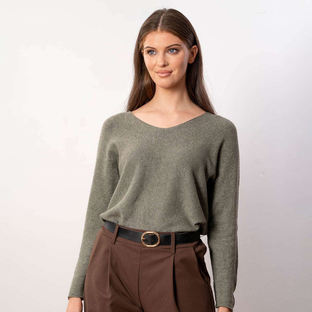 Kylie V Neck Jumper in khaki – v neckline, long sleeves, image 10