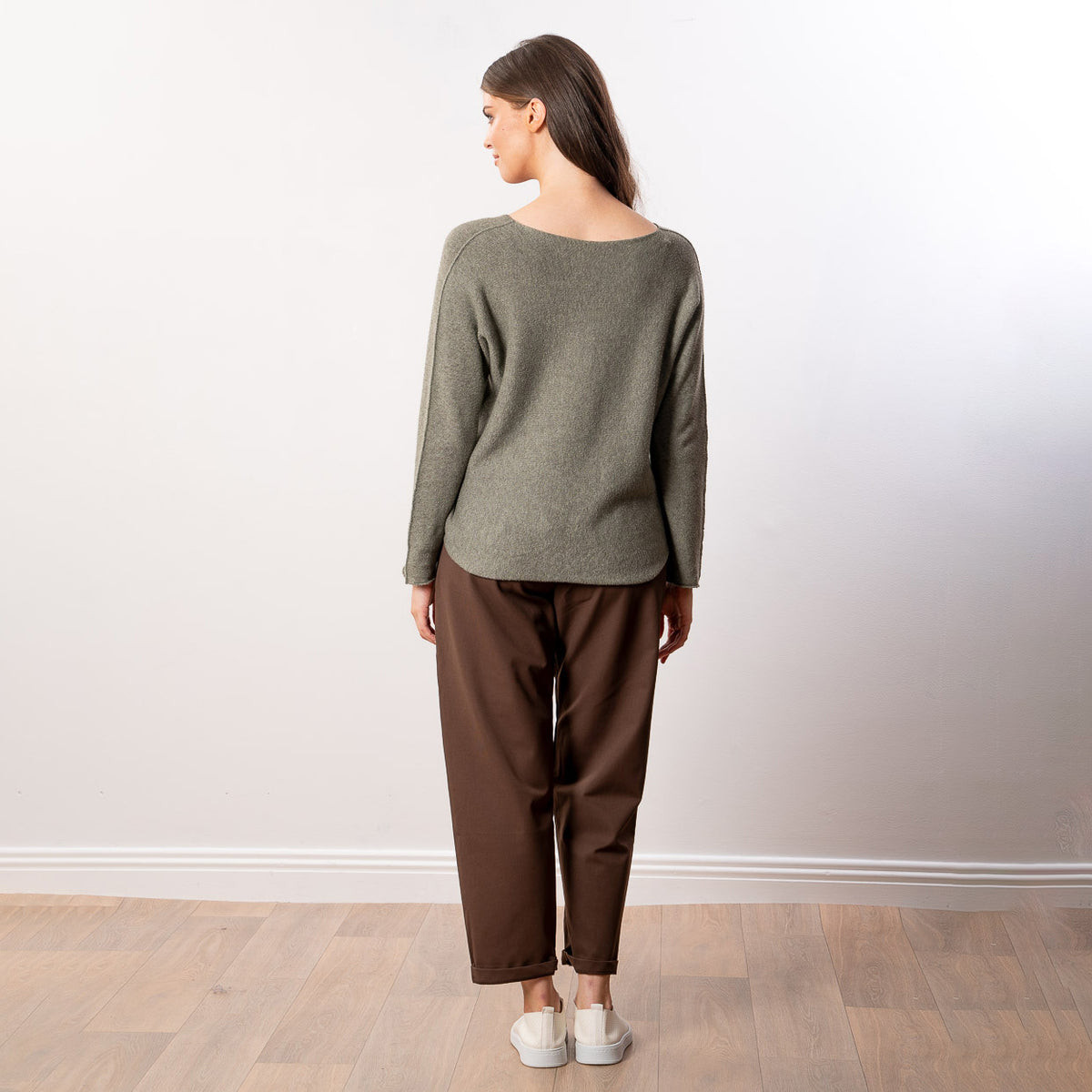 Kylie V Neck Jumper in khaki – v neckline, long sleeves, image 13