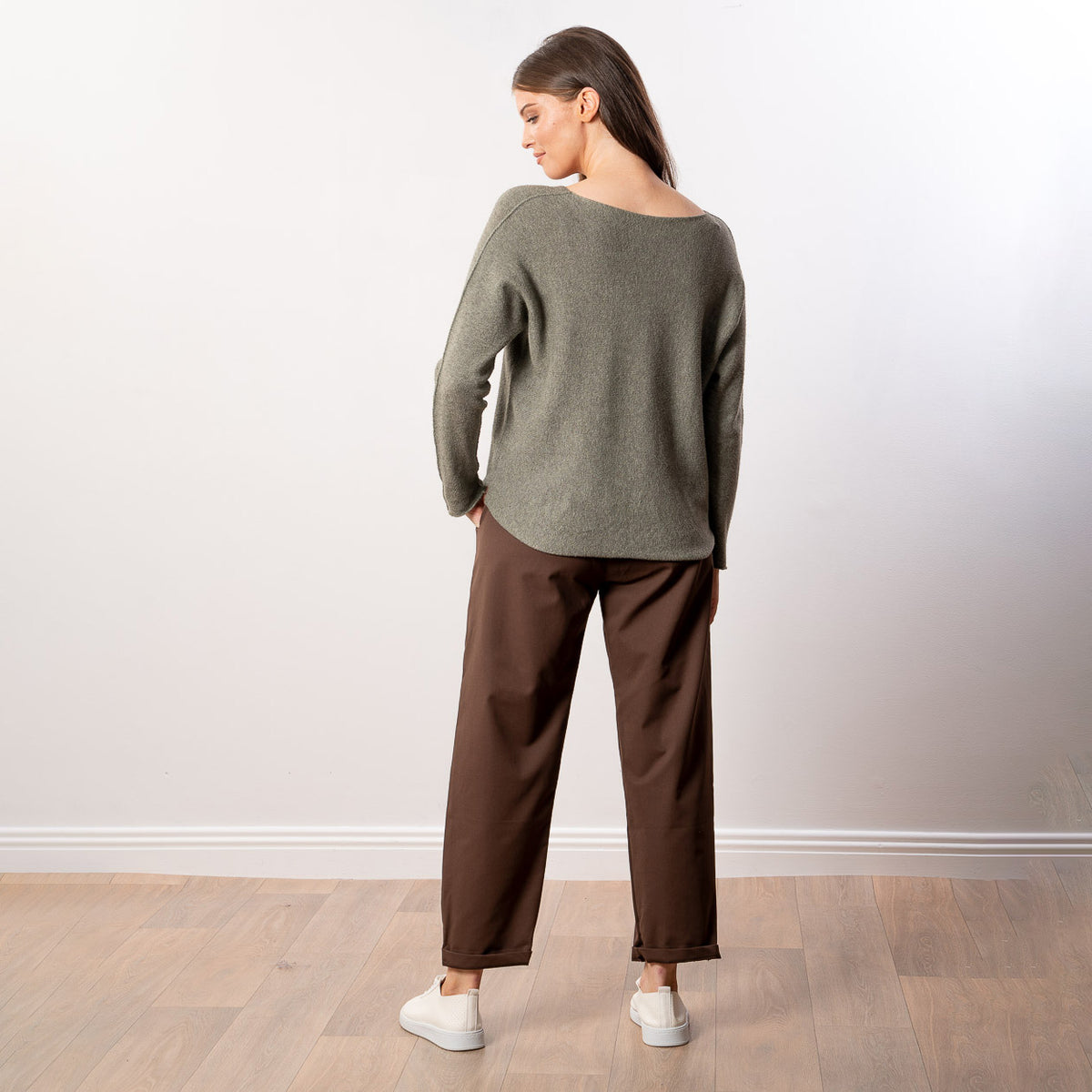 Kylie V Neck Jumper in khaki – v neckline, long sleeves, image 15