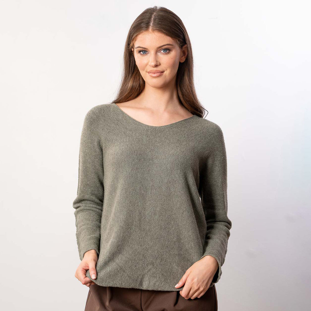 Kylie V Neck Jumper in khaki – v neckline, long sleeves, image 12