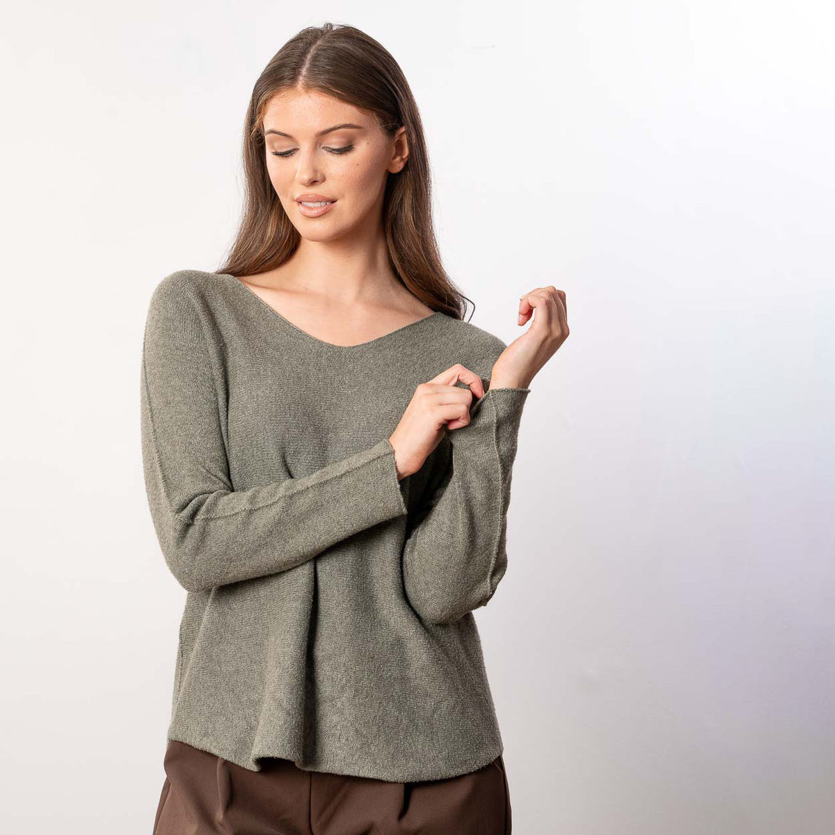 Kylie V Neck Jumper in khaki – v neckline, long sleeves, image 8