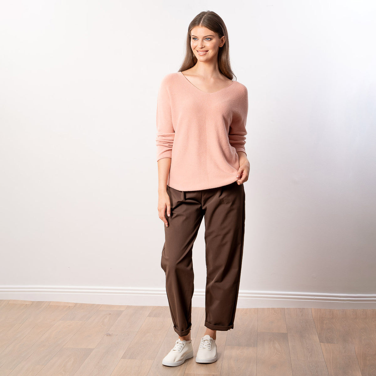 Kylie V Neck Jumper in peach – v neckline, long sleeves, image 3