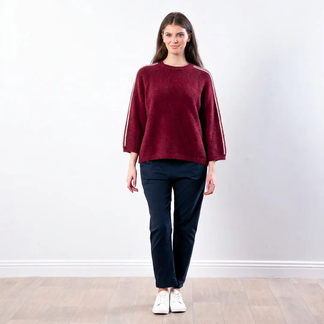 Debbie Knit Jumper Stripe in wine, relaxed front view with arms at sides