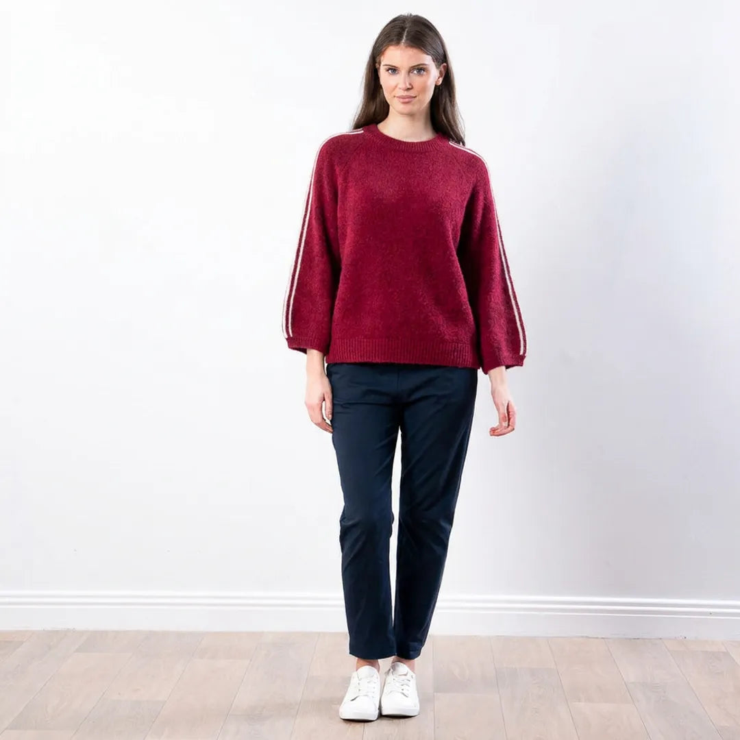 Debbie Knit Jumper Stripe in wine, front view showing balloon sleeve and hem detail