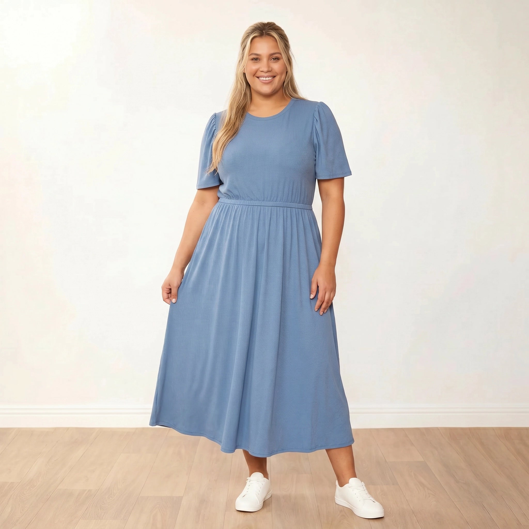 Eilish Dress Blue - plus size front hand on skirt