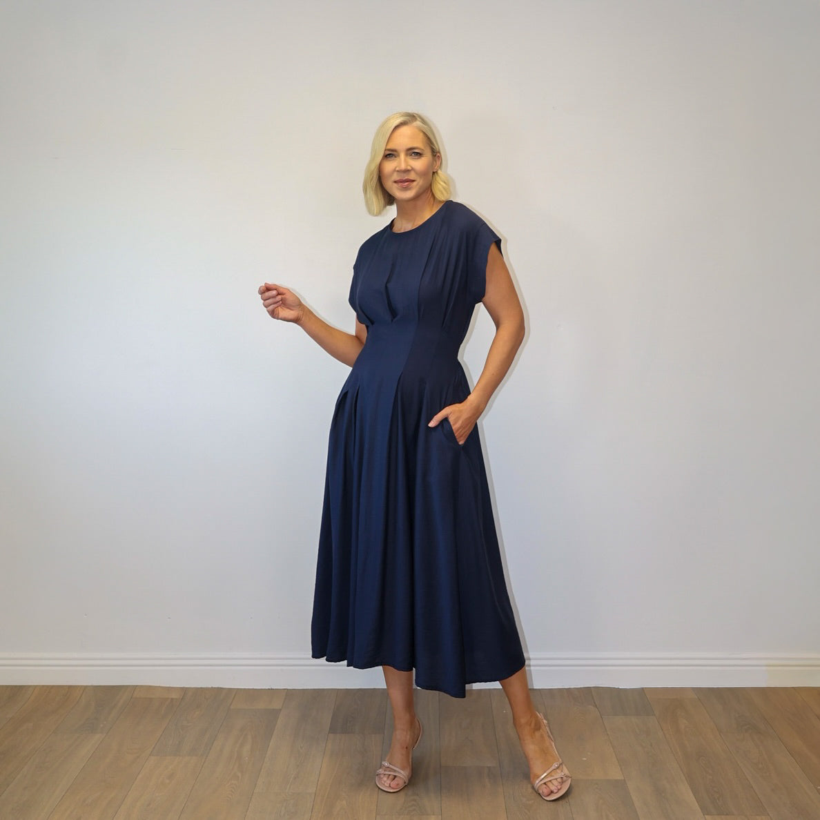 Elise Pleated Midi Dress (Navy)