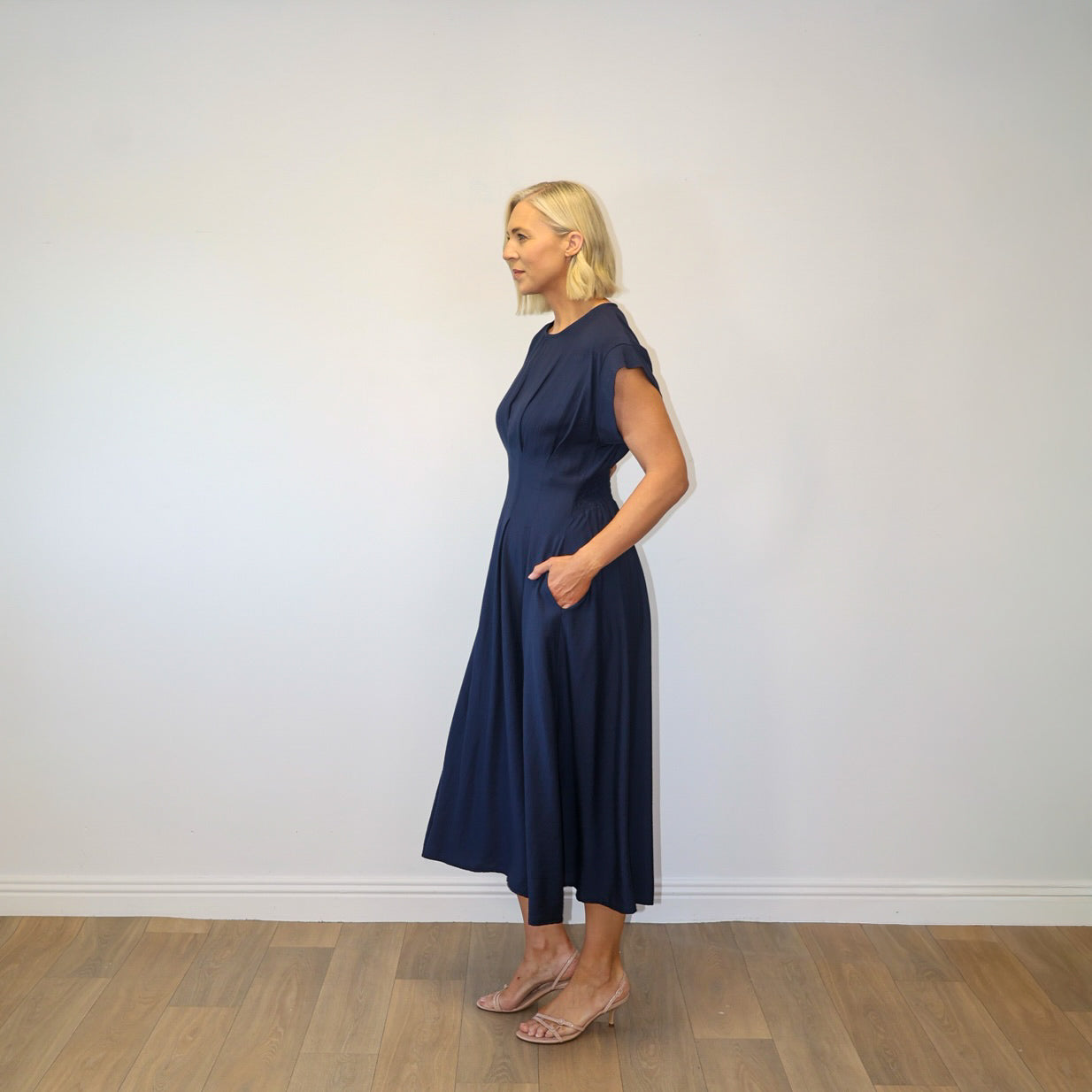 Elise Pleated Midi Dress (Navy)