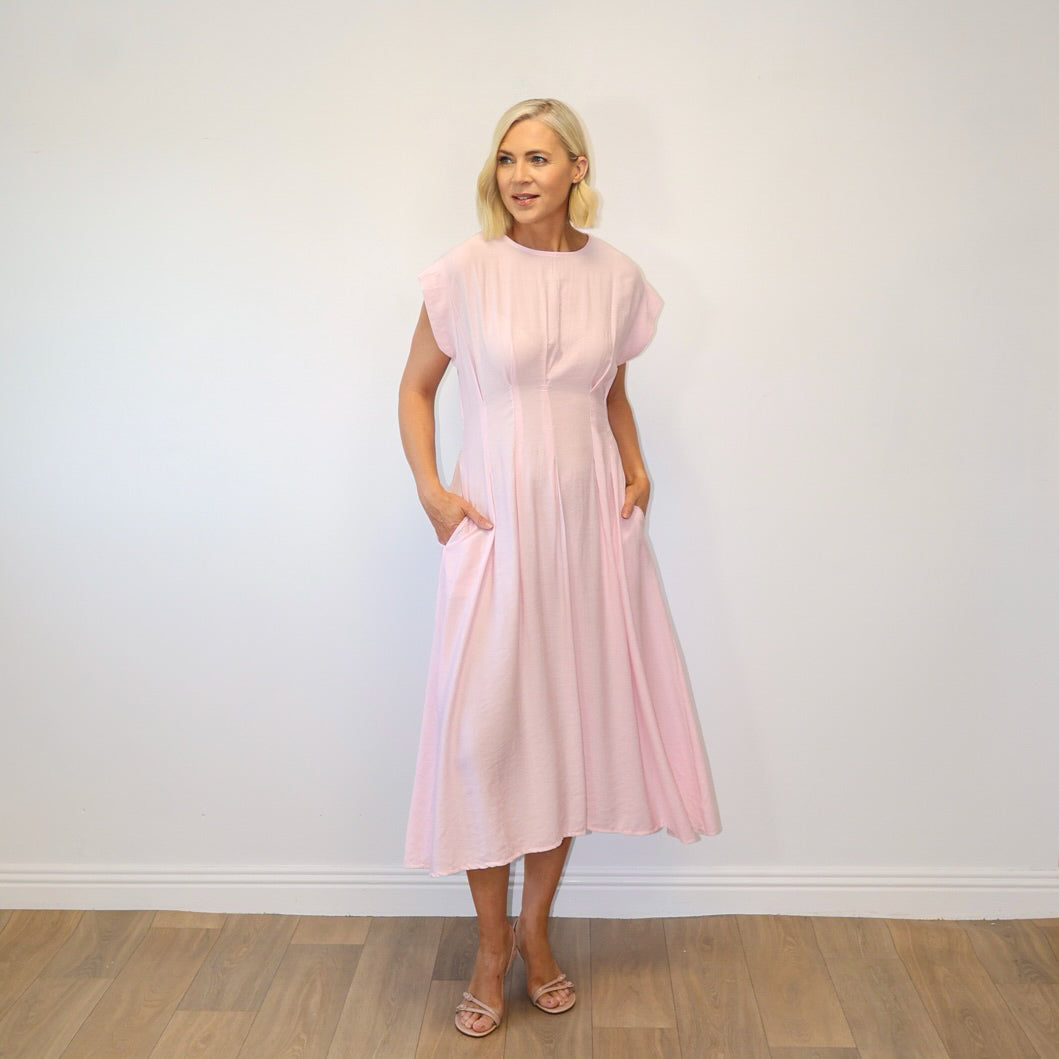 Elise Pleated Midi Dress (Pink)