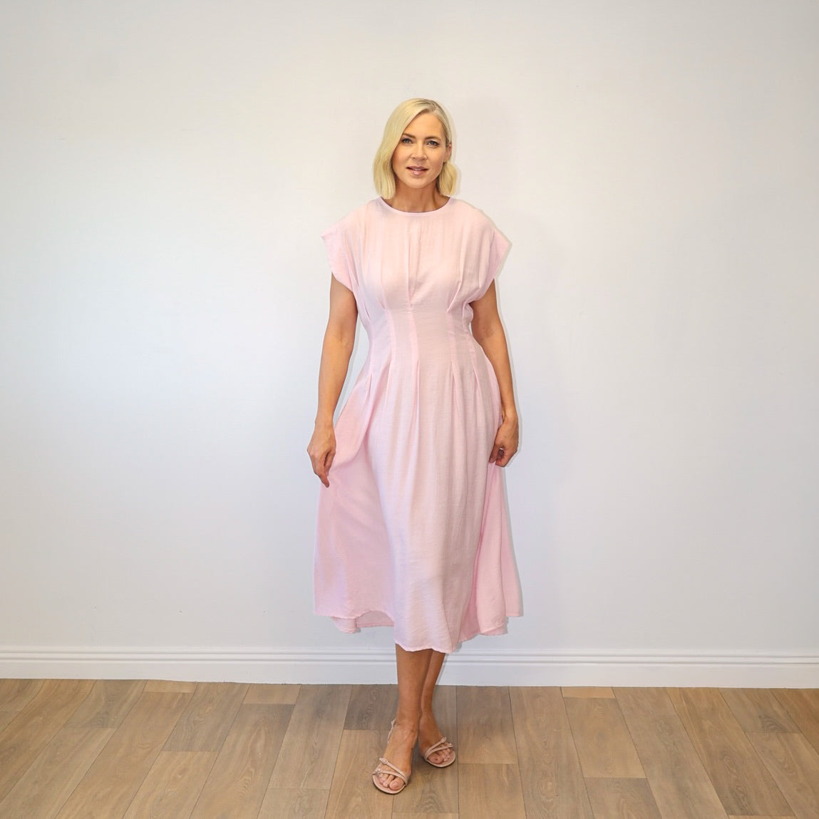 Elise Pleated Midi Dress (Pink)