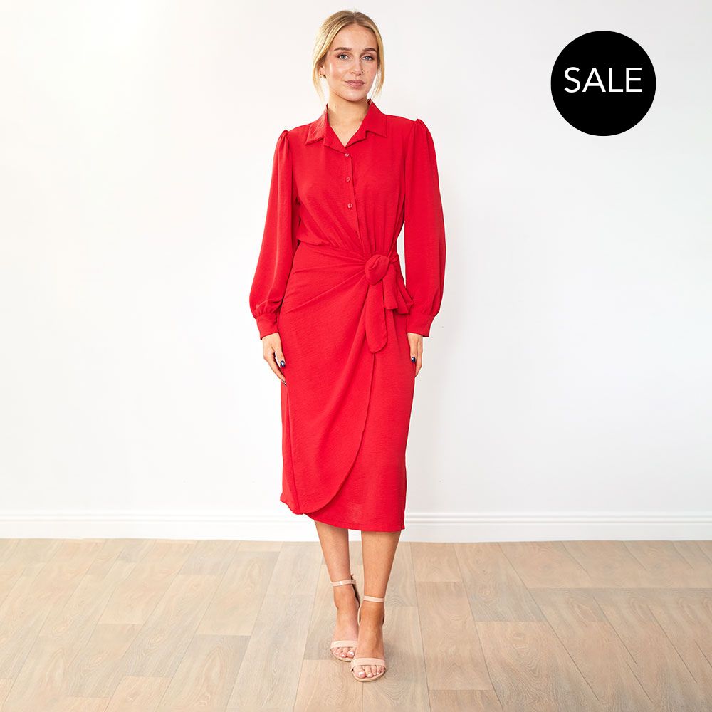 red wrap shirt dress Raspberry Red Linen Maxi Dress: Faux Wrap Style With Obi Belt & Pockets