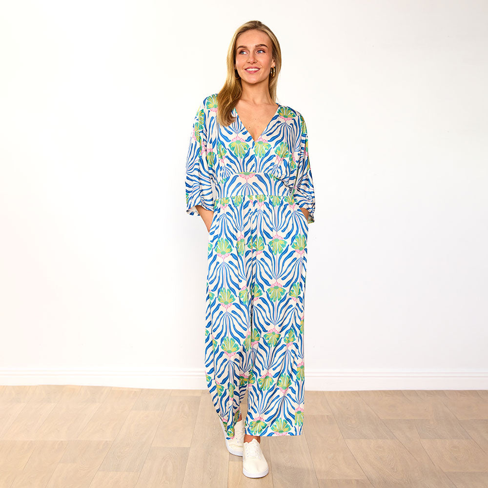 Ester Jumpsuit (Blue Palm Print)